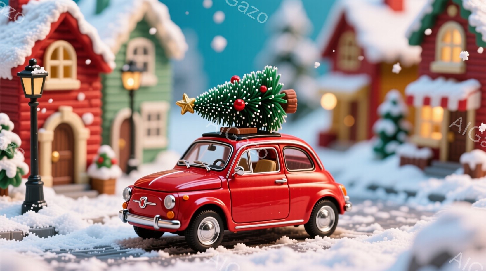 真っ赤な小型車が雪景色の中にあり、屋根の上にはクリスマスツリーが乗っています。背景には、雪をかぶった可愛らしい家々が並び、暖かく優しい光が灯っています。全体的に温かく、クリスマスの雰囲気が漂う、ほのぼのとした情景です。