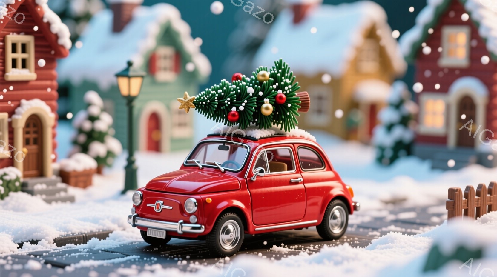真っ赤な小さな車が雪の積もった道に佇み、屋根にはクリスマスツリーが飾られています。背景には、雪化粧された可愛らしい家々が並び、遠くには穏やかな光が灯っています。全体的に温かく、クリスマスの雰囲気が漂う - AI生成フリー素材