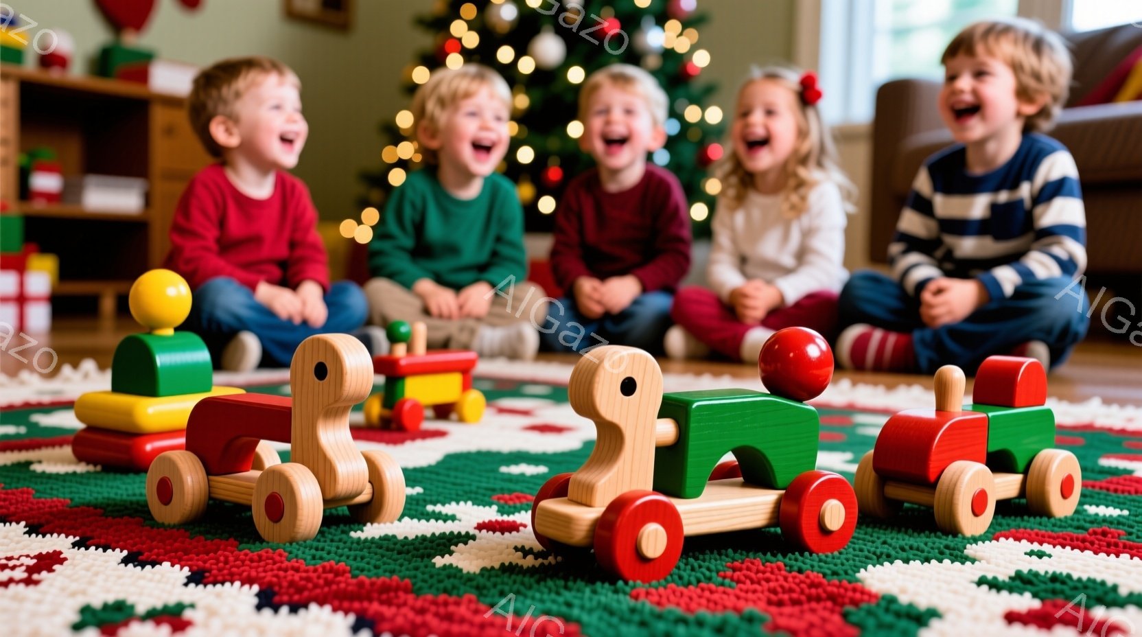 暖炉の前に座り、それぞれ赤い、緑、白い服を着た4人の子供たちが写っています。彼らは皆、嬉しそうに笑っており、床に並べられた木製の列車のおもちゃに注目しています。背景には、クリスマスツリーが飾られており - AI生成フリー素材
