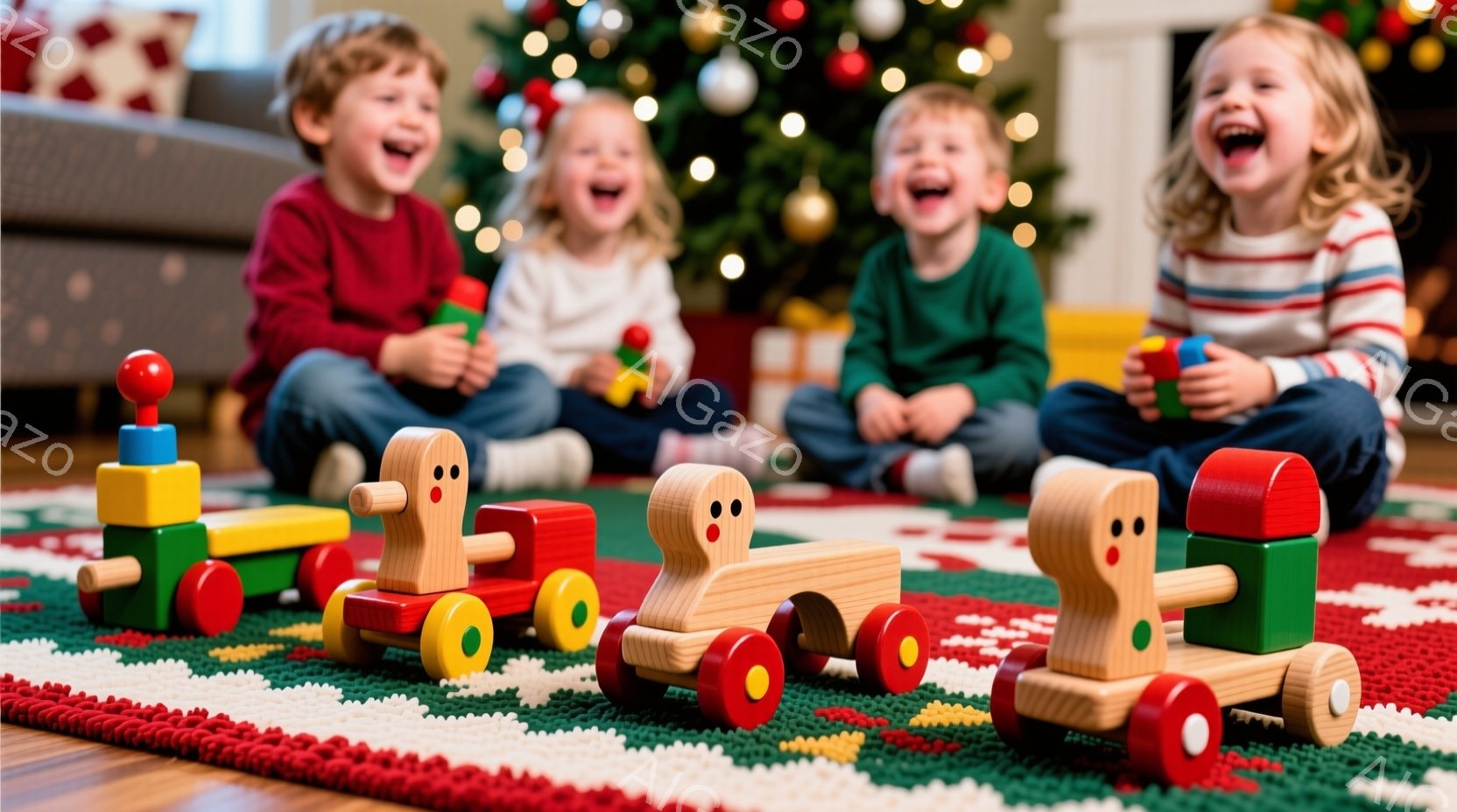 暖炉とクリスマスツリーが背景にある部屋で、4人の子供たちがカラフルな木製の列車のおもちゃで遊んでいます。子供たちは皆笑顔で、おもちゃを手にしたり、列車を動かしたりしています。背景には暖炉と飾り付けられ - AI生成フリー素材