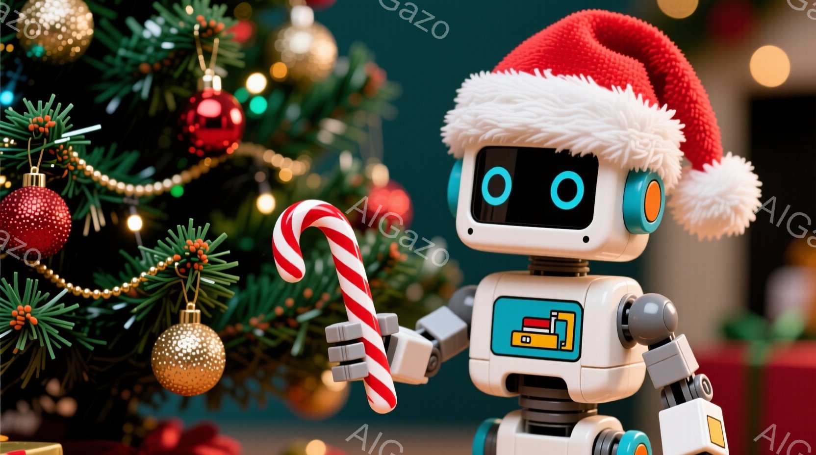 ロボットがサンタの帽子をかぶり、片手にペパーミントキャンディを持っています。背景には、装飾されたクリスマスツリーがぼやけており、暖かくお祝いの雰囲気です。ロボットは正面を向き、明るく楽しい表情で、クリ - AI生成フリー素材