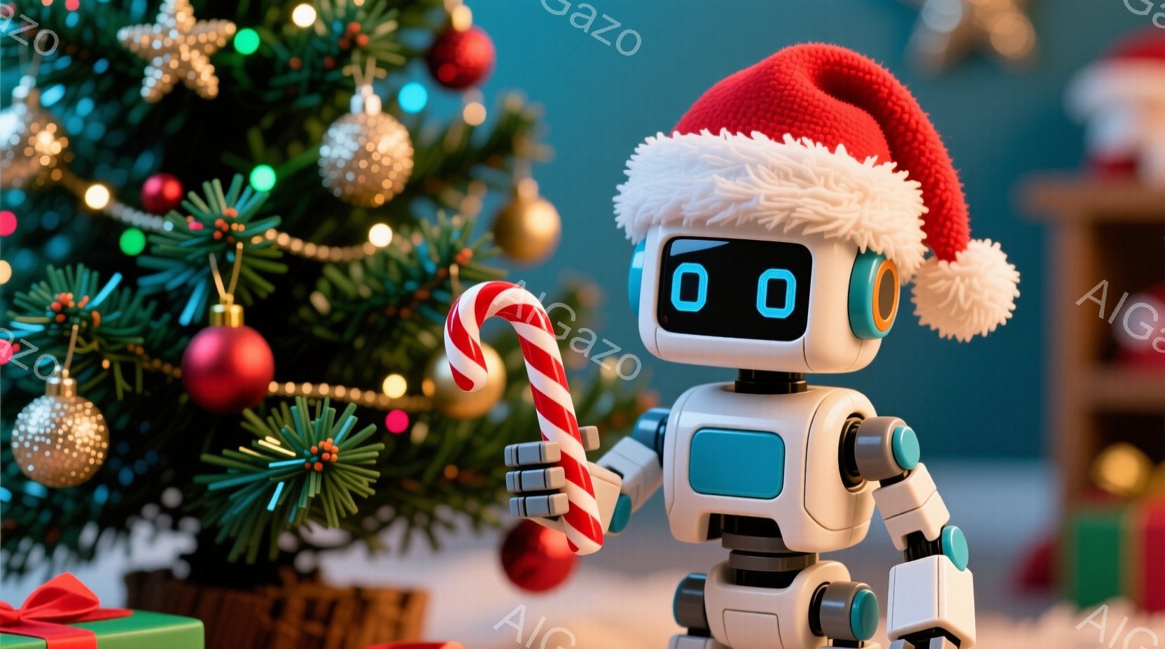 ロボットがクリスマスの帽子をかぶり、赤と白のキャンディケーンを手に持っています。背景には、飾り付けられたクリスマスツリーとプレゼントの箱があり、雪が積もった床が冬の雰囲気を醸し出しています。全体的に暖 - AI生成フリー素材
