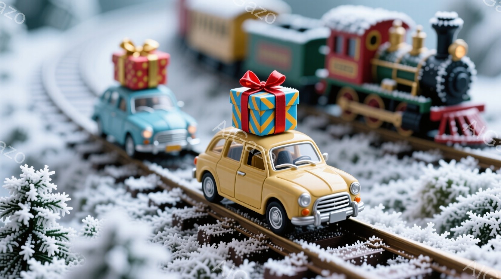 雪景色の中、ミニチュアの列車とクラシックカーが線路の上を走っている。黄色い車と青い車にはそれぞれ大きな赤いリボンで結ばれたプレゼントが乗せられており、クリスマスの雰囲気を演出している。背景には雪で覆われた木々があり、全体的に暖かく、お祝いのムードが漂っている。