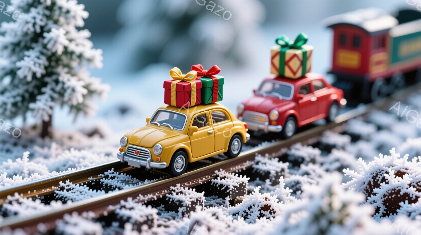 雪景色の中、ミニチュアの黄色と赤の車がそれぞれプレゼントの箱を乗せて線路の上を走っている。背景には雪をまとった木々があり、冬の静かで温かい雰囲気を醸し出している。線路の先には赤い列車の一部が見え、おと - AI生成フリー素材