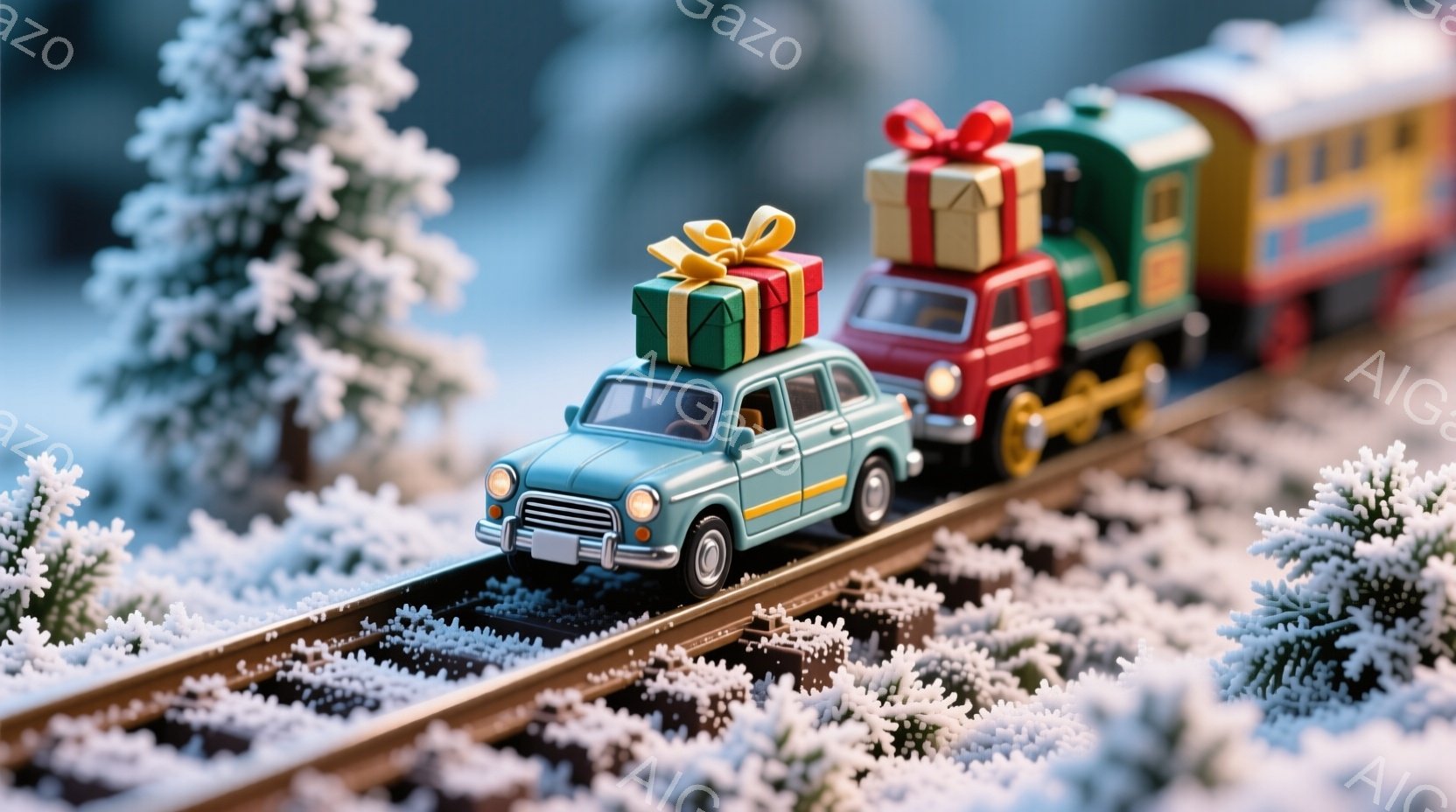 雪に覆われた線路の上を、プレゼントを積んだミニチュアの車と列車が走っている。背景には雪をまとった針葉樹が生い茂り、冬の静かで幻想的な雰囲気を醸し出している。ミニチュアの車と列車は、クリスマスの贈り物配 - AI生成フリー素材