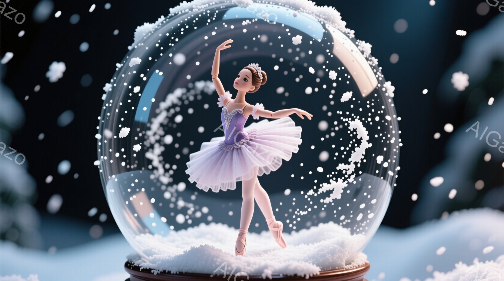 バレリーナが雪の降るガラスの球体の中にいます。彼女は薄紫色のきらびやかな衣装と白いチュールスカートを身に着け、頭には小さなティアラをつけています。背景には白い雪が舞い、幻想的で冬の雰囲気を醸し出しています。