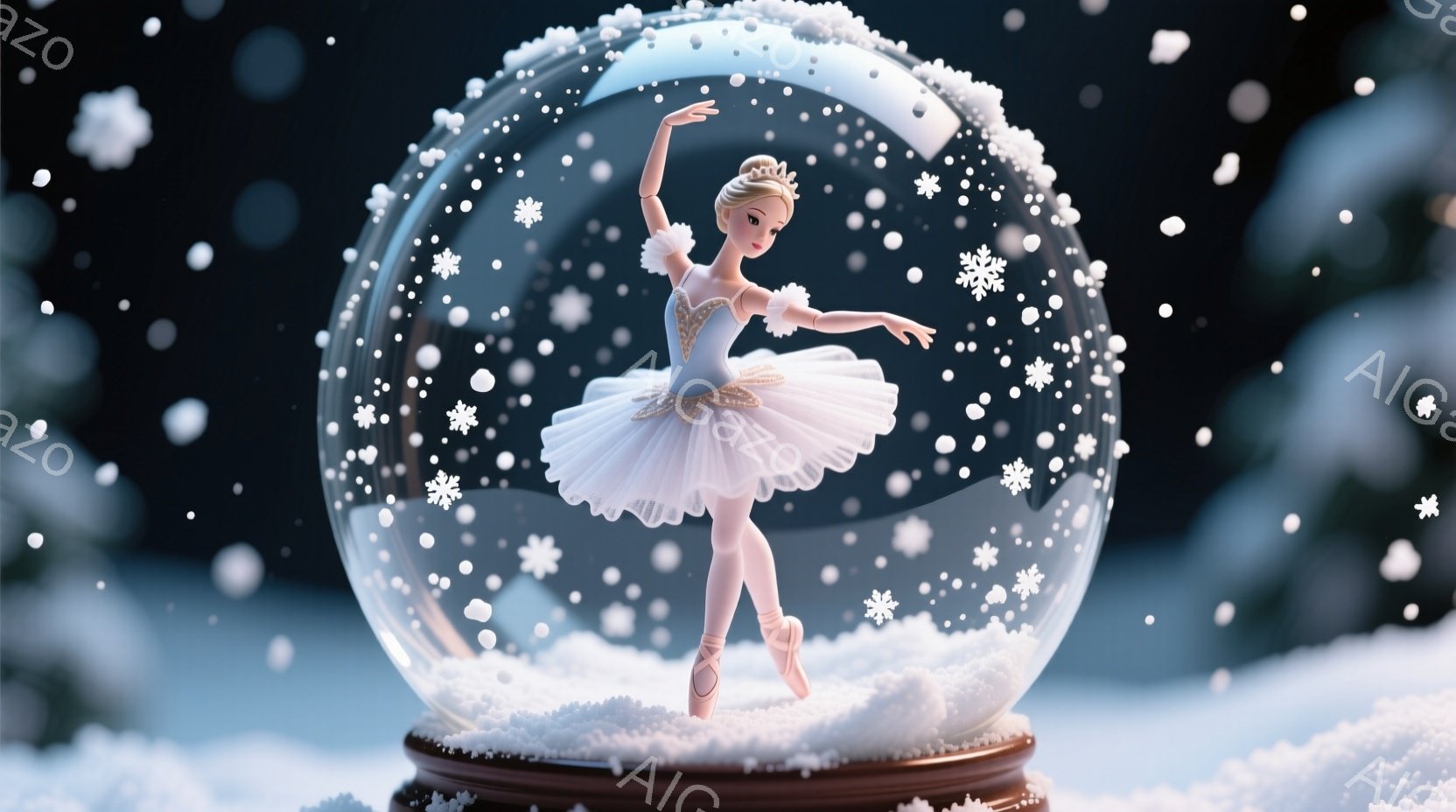 白いチュールスカートと水色のボディスーツを着たバレリーナが、雪が降るガラスの球体の中にいます。彼女はつま先立ちで片手を上げ、優雅なポーズをとっており、顔には穏やかな微笑みが浮かんでいます。球体は濃い茶 - AI生成フリー素材