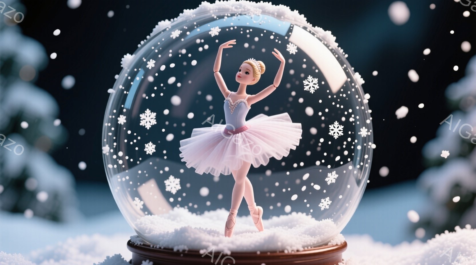 ガラスのドームの中に、ピンク色のチュールスカートを身につけたバレリーナが優雅にポーズをとっています。彼女は金色の髪をきっちりとまとめ、つま先立ちで繊細な舞いを披露しています。ドームの中は雪が舞い、ドームの底には雪が積もり、ロマンチックで幻想的な雰囲気を醸し出しています。