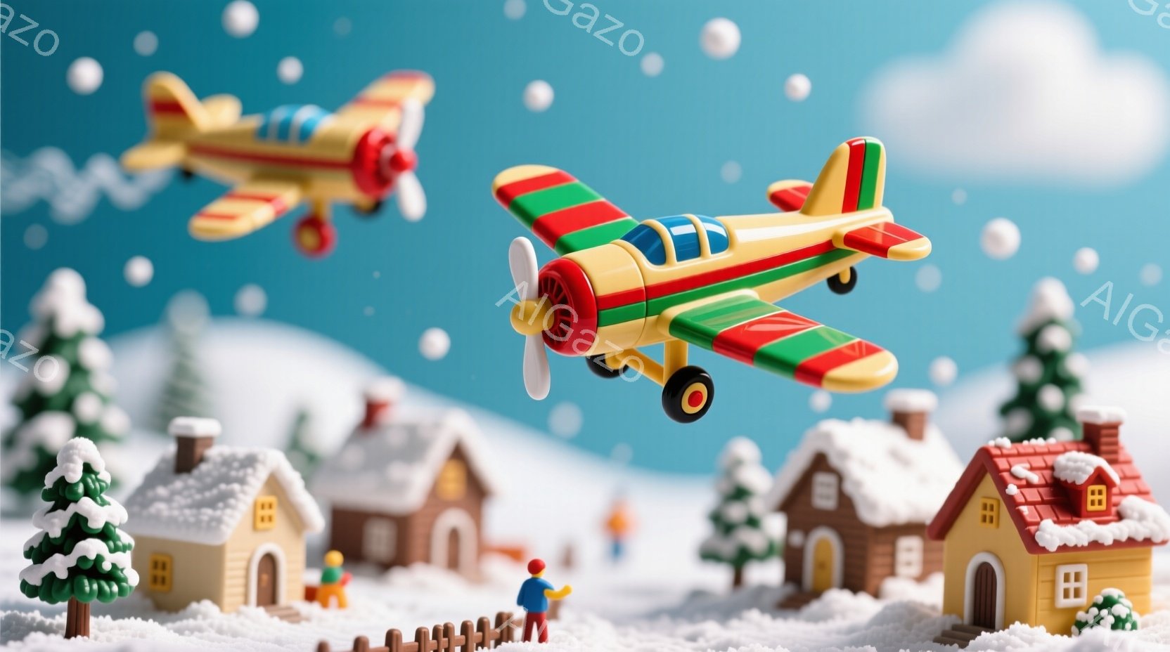 雪景色の中に、ミニチュアサイズの家々が並び、赤い帽子をかぶった人物が立っている。空には、カラフルなプロペラ機が2機飛び、雪が舞っている。全体的に、温かく、クリスマスの雰囲気を感じさせる、可愛らしい情景 - AI生成フリー素材