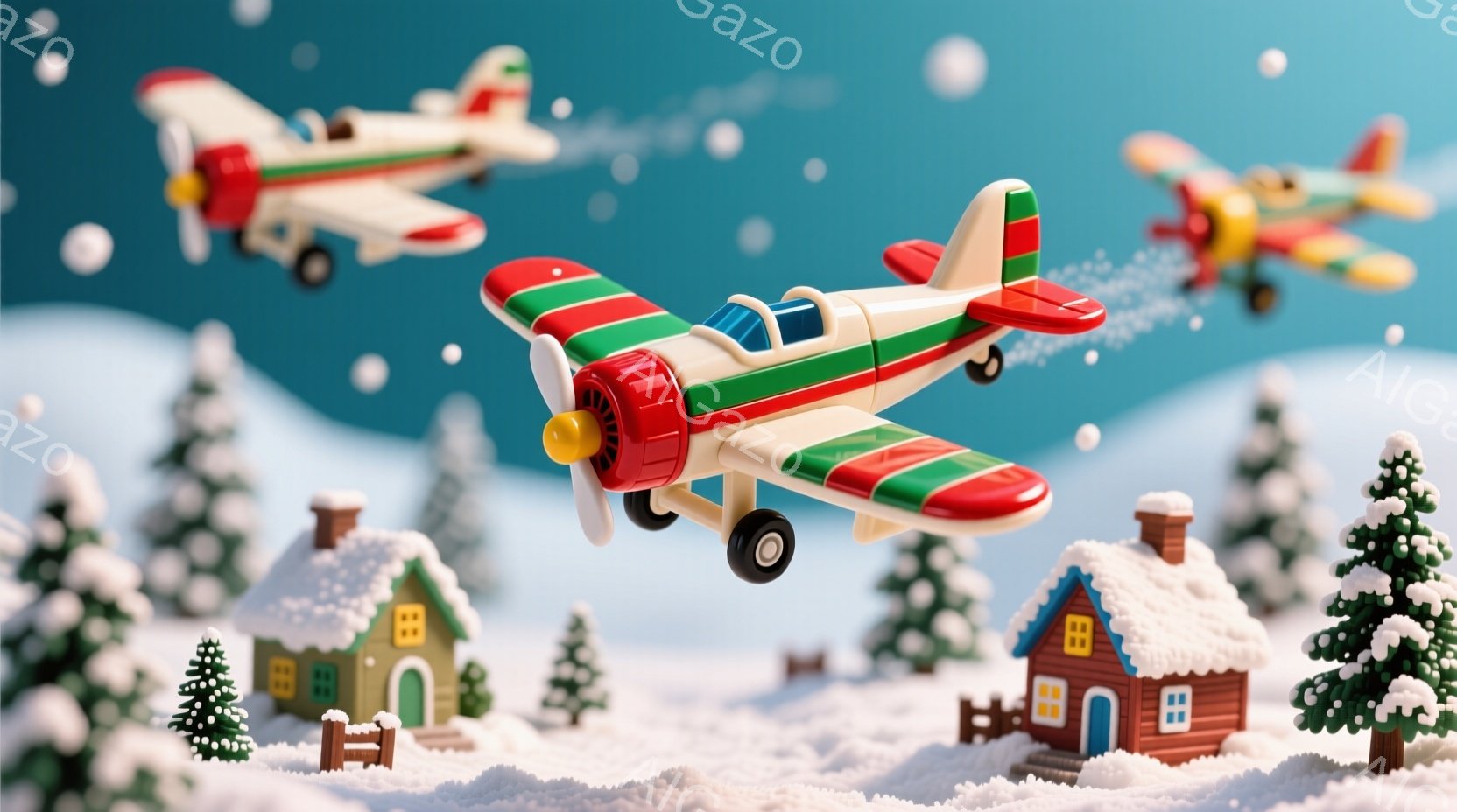 雪景色の中に、カラフルな小型飛行機が複数、空を飛んでいる様子が描かれています。下には、雪を頂いた可愛らしい家々や針葉樹が並び、冬の静かで暖かい雰囲気を醸し出しています。全体的に、おとぎ話のような、夢の - AI生成フリー素材