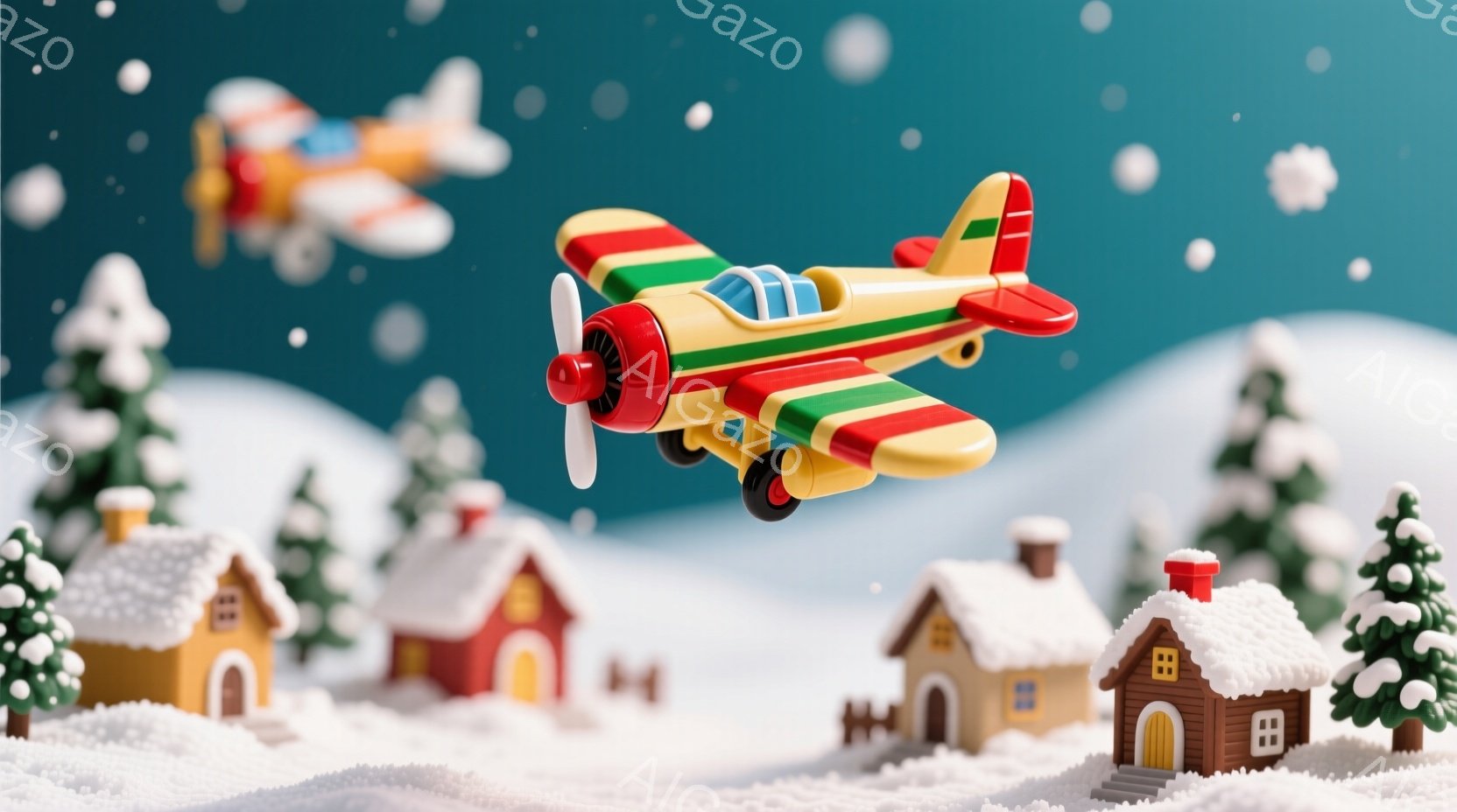 雪が舞う背景に、赤い屋根と緑のラインが入った黄色いプロペラ機が二機、空を飛んでいる様子が描かれています。下には、雪を頂いた屋根の可愛らしい家々が並び、背景には緑の針葉樹が点在しています。全体的に温かく - AI生成フリー素材