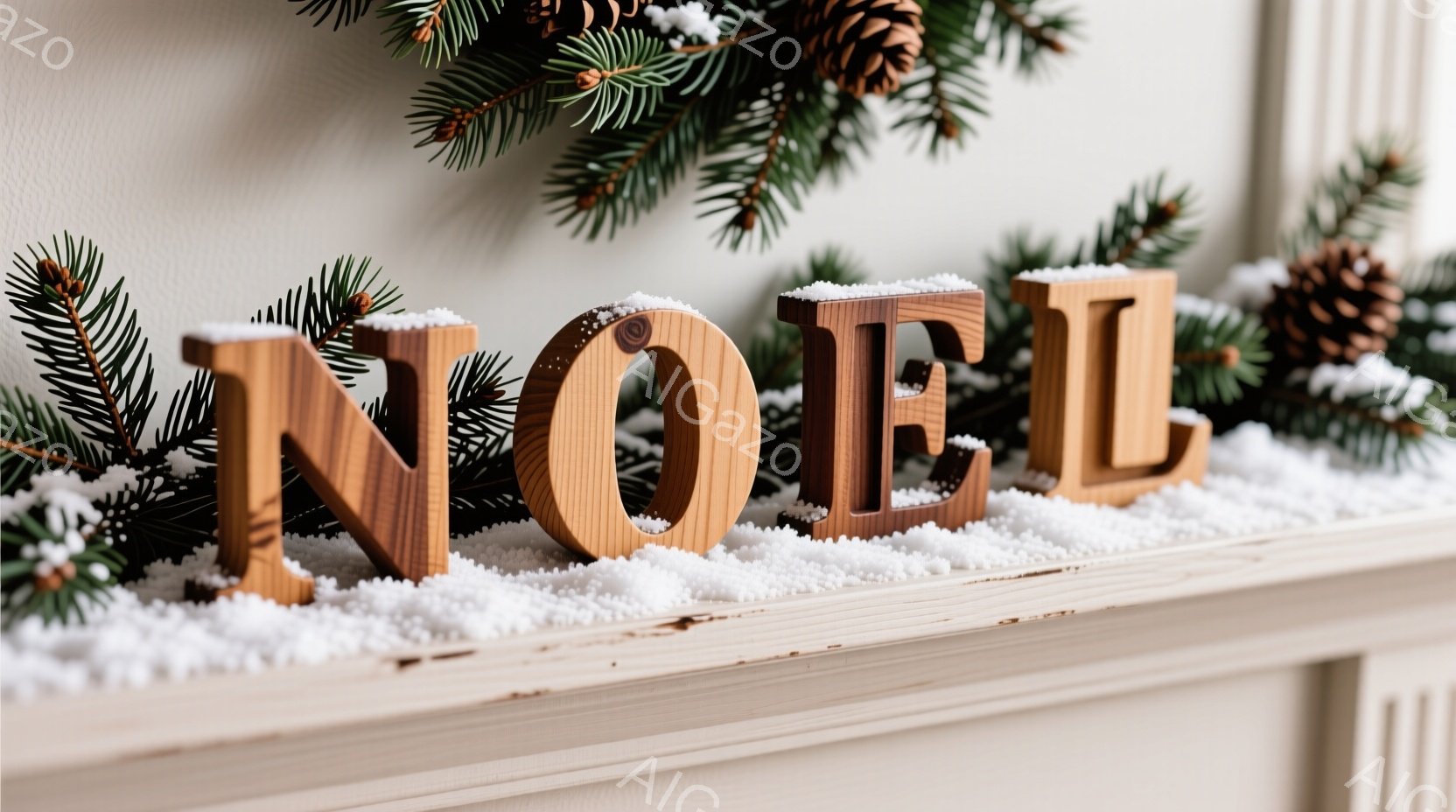 暖炉の上の白い棚に、木製の「NOEL」という文字が並べられています。文字の周りには白い雪が散りばめられ、背景には常緑樹の葉と松ぼっくりが飾られています。全体的に、温かく穏やかなクリスマスの雰囲気を醸し - AI生成フリー素材