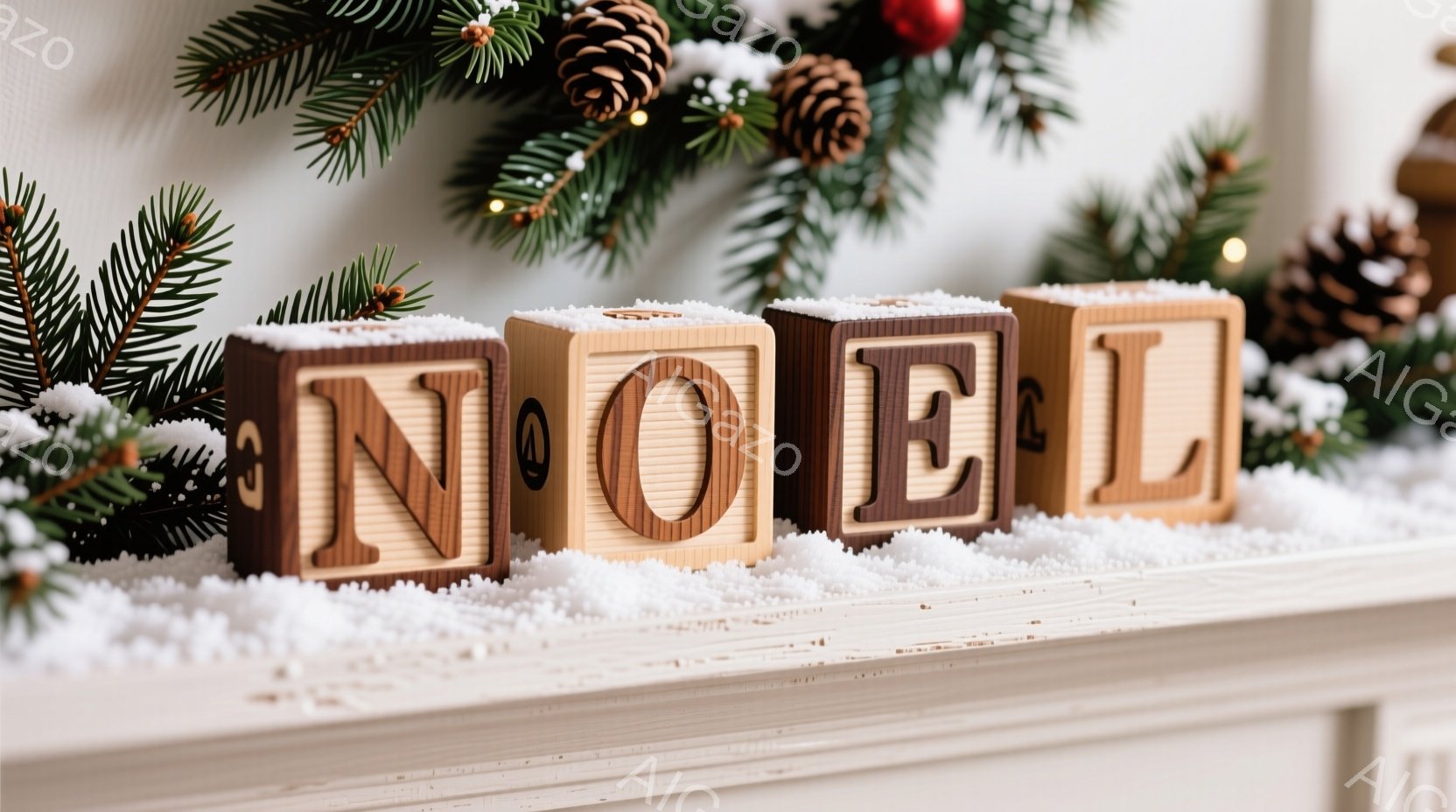 白い棚の上に、「NOEL」と書かれた木製のブロックが雪の中に並べられています。ブロックは茶色とベージュのツートンカラーで、背景には緑のモミの枝と松ぼっくりがあり、冬の暖かく心地よい雰囲気を醸し出してい - AI生成フリー素材