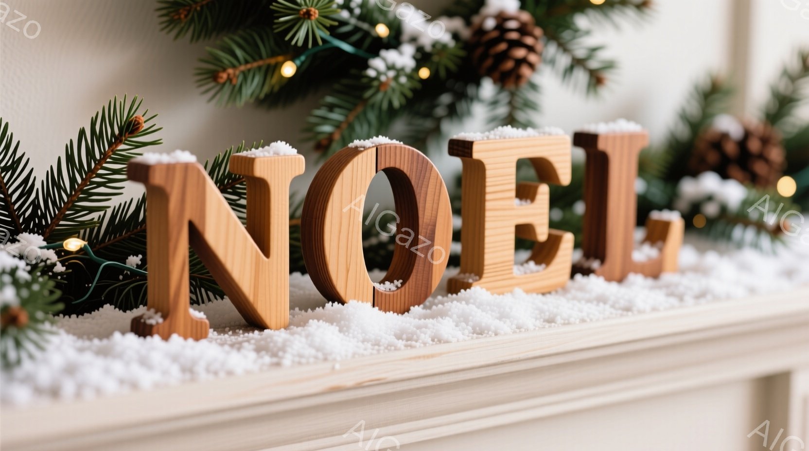 木製の「NOEL」という文字が雪の上に置かれています。背景には、クリスマスツリーの葉や松ぼっくりがあり、温かい光が灯っています。全体的に、冬の暖かく心地よいクリスマスの雰囲気を感じさせます。 - AI生成フリー素材