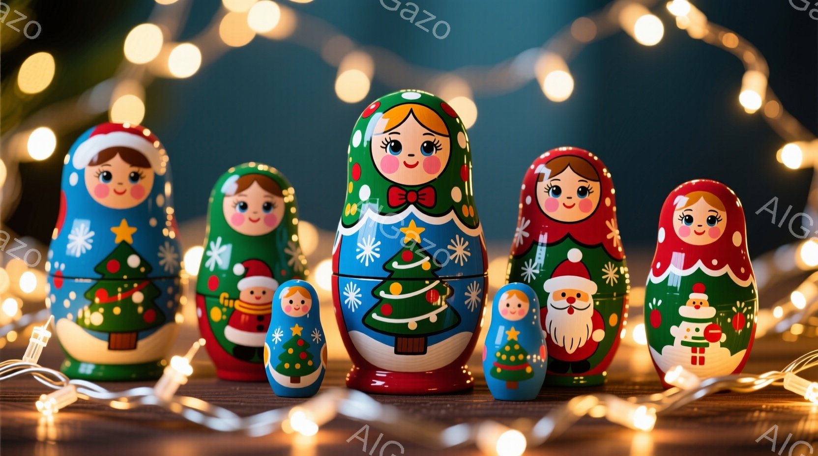 マトリョーシカ人形が、クリスマスの装飾が施された茶色の木のテーブルの上に並べられています。それぞれの人形は異なるクリスマスをテーマにした衣装を着ており、サンタクロースやクリスマスツリーの模様が描かれて - AI生成フリー素材