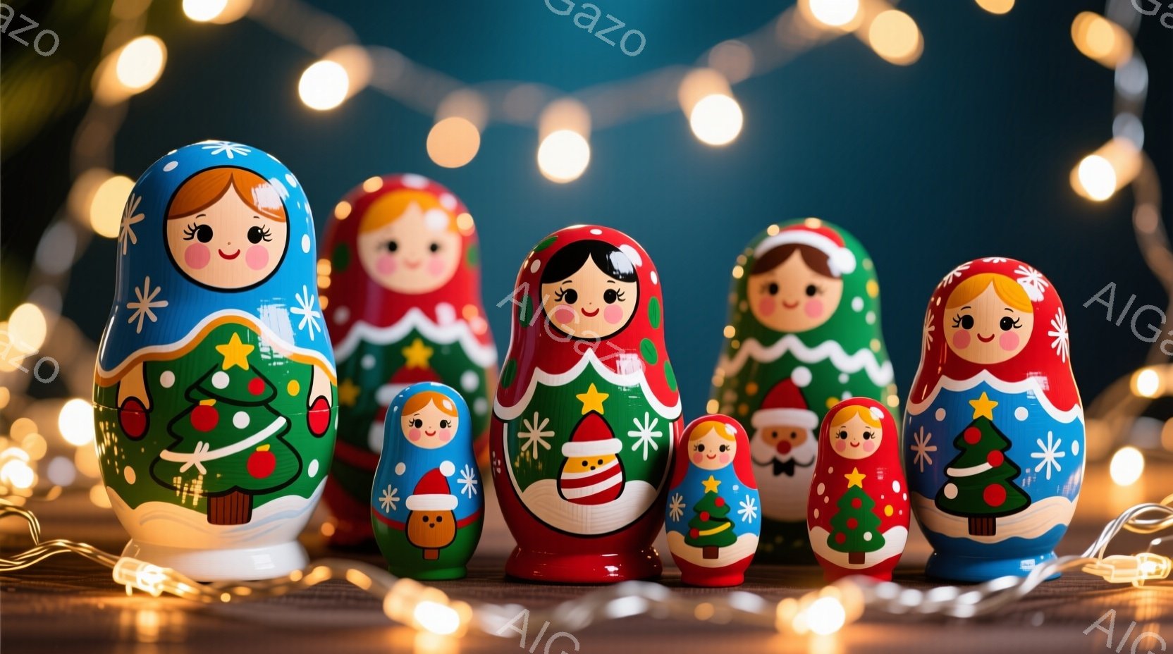 カラフルなロシア人形（マトリオシカ）が木製のテーブルの上に並んでいます。各人形はそれぞれ異なるクリスマスをテーマにしたデザインが施されており、クリスマスツリーや雪だるま、サンタクロースなどが描かれてい - AI生成フリー素材