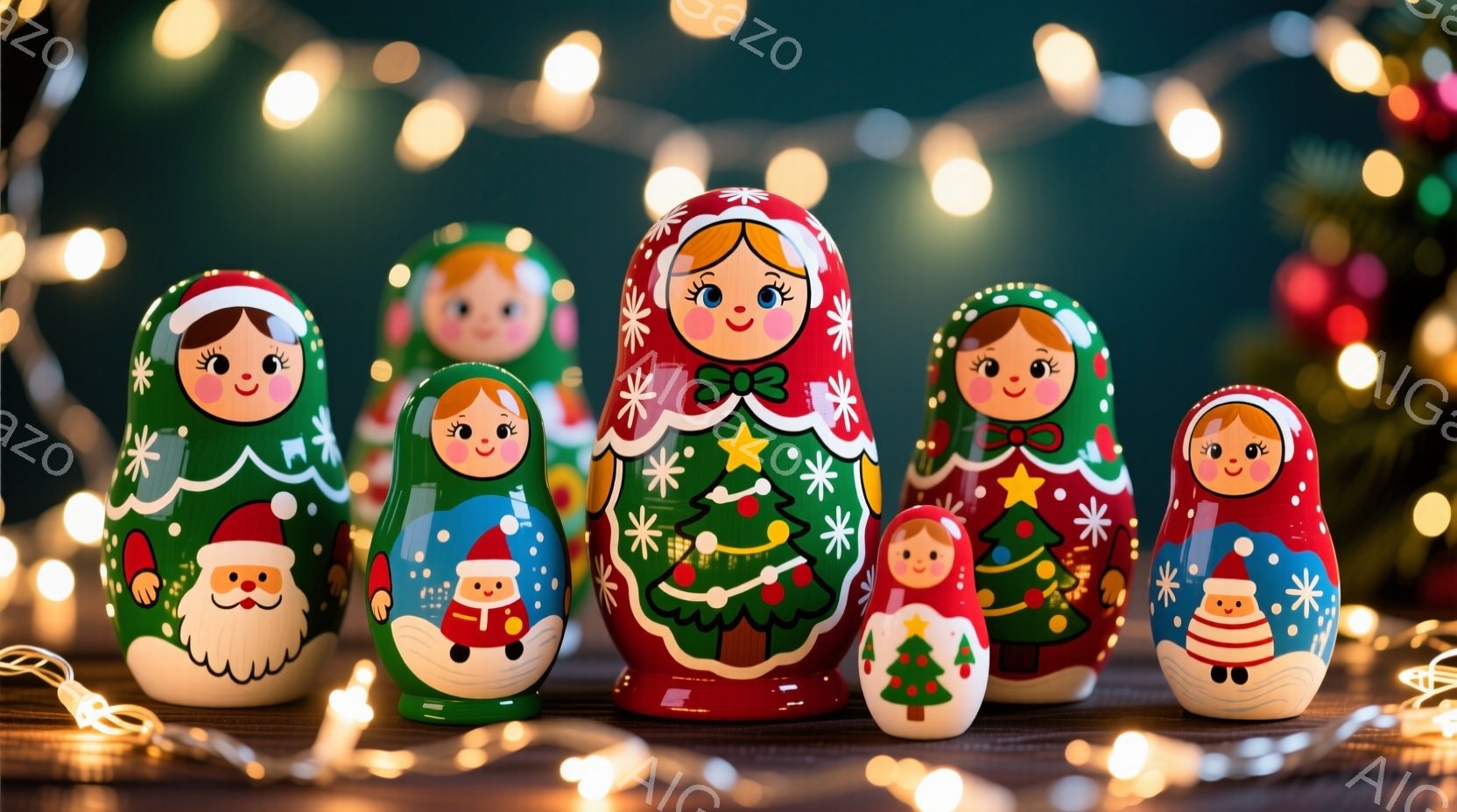 クリスマスをテーマにしたマトリョーシカ人形が、茶色の木製のテーブルの上に整然と並んでいます。各人形はそれぞれ異なるクリスマスの装飾が施されており、サンタクロースやクリスマスツリー、雪片などが描かれています。背景にはぼやけたクリスマスツリーと、暖かく輝く電飾があり、お祝いムードを盛り上げています。