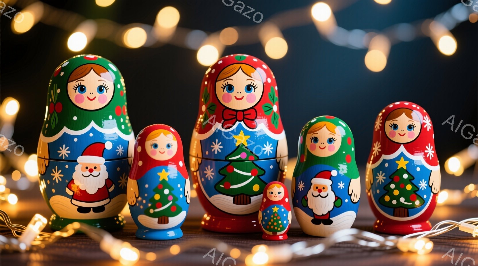 赤い背景に、ロシアの入れ子人形（マトリオシカ）が整然と並べられています。各人形はクリスマスをテーマにした装飾が施され、サンタクロースやクリスマスツリーのモチーフが描かれています。人形たちは微笑んでおり、背景には温かい光のストリングライトが散りばめられ、お祝いの雰囲気を高めています。