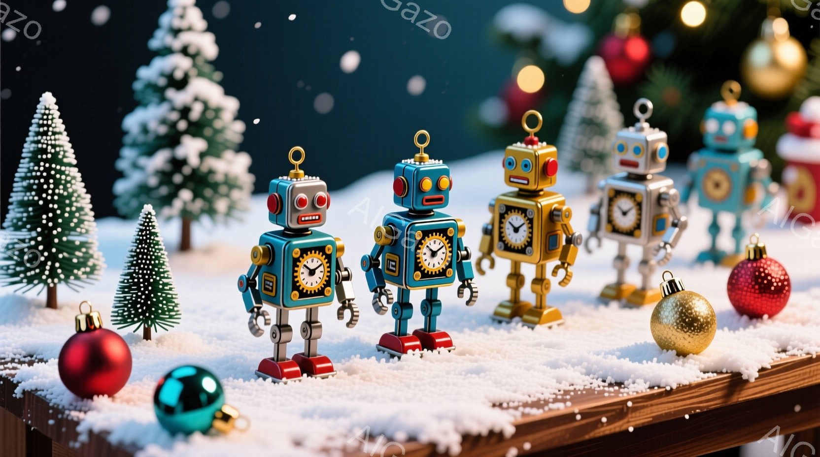 玩具のようなレトロなロボットたちが雪景色の中に整列しています。背景にはクリスマスツリーが並び、赤い、緑、金色のオーナメントが雪の上に散らばっています。全体的に、温かく、幻想的で、クリスマスの雰囲気が漂う可愛らしい光景です。
