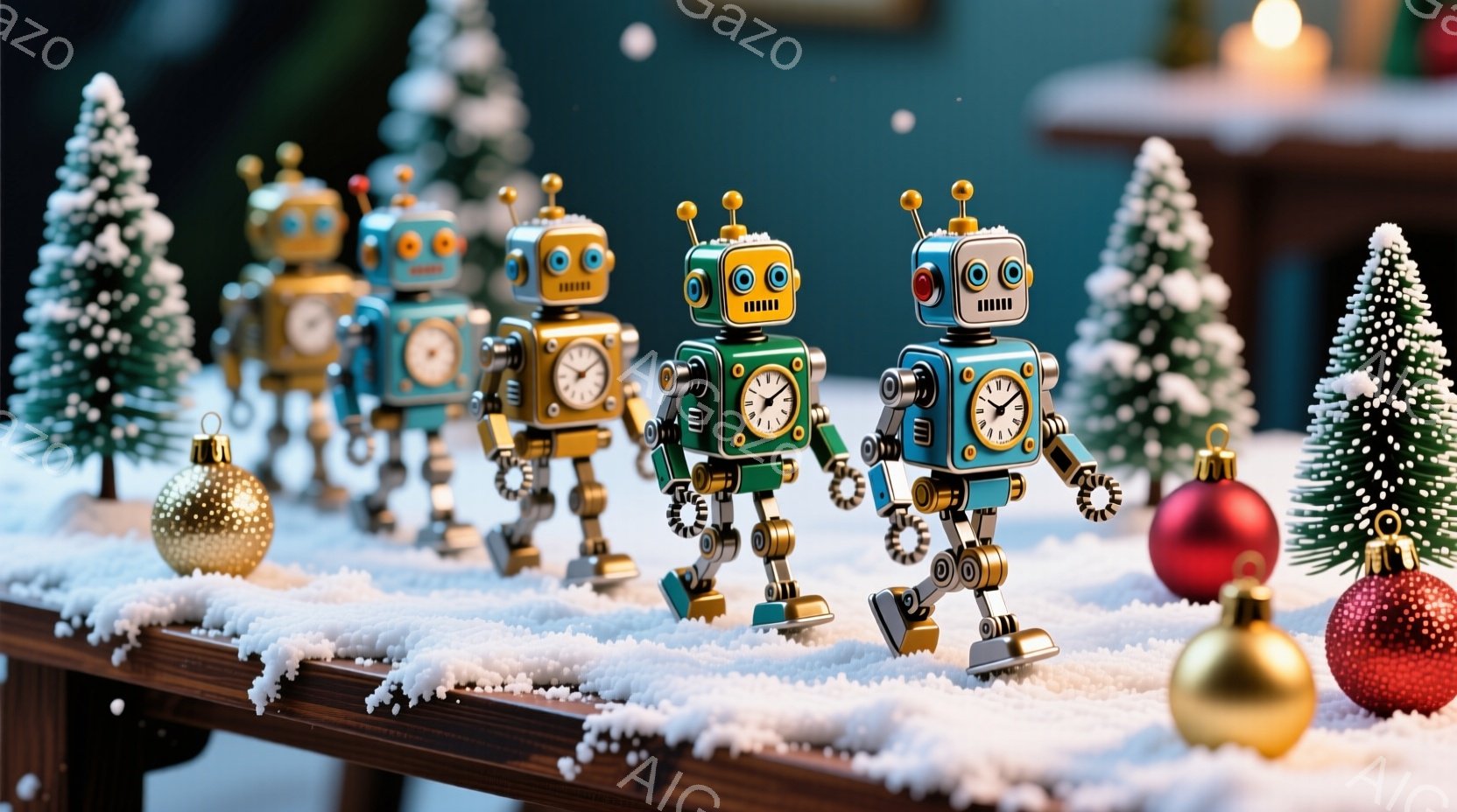クリスマスの飾り付けられた背景に並んだ、レトロな金属製のロボットが写っています。ロボットはそれぞれ異なる色（青、緑、金）で、同じポーズで前進しています。背景には、雪をまぶした小さなクリスマスツリーや金色のオーナメントが散りばめられ、冬の祝祭の雰囲気を醸し出しています。