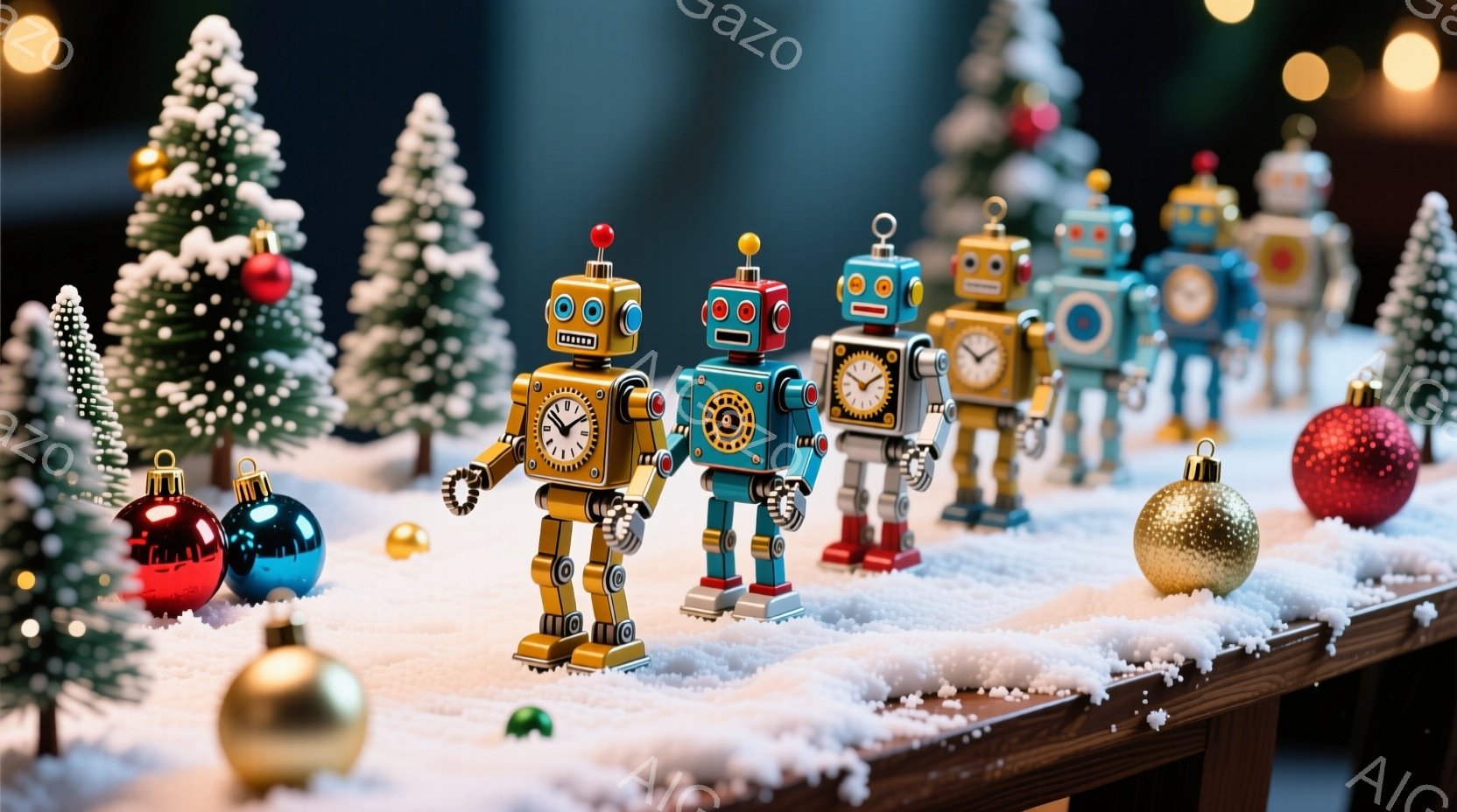 玩具のようなレトロなロボットたちが、雪景色の中に整列している様子が描かれています。ロボットたちはそれぞれ異なる色合いで、金属的な質感と丸みを帯びたデザインが特徴的です。背景には小さなクリスマスツリーや - AI生成フリー素材