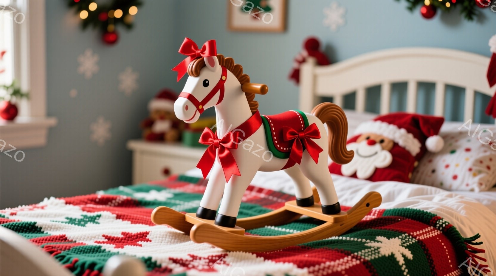 白いロッキングホースが、赤い模様のベッドカバーの上に置かれています。背景にはクリスマスの飾り付けが見え、暖かくお祝いムードが漂っています。全体的に、温かく、遊び心のある、クリスマスの雰囲気の部屋が表現 - AI生成フリー素材