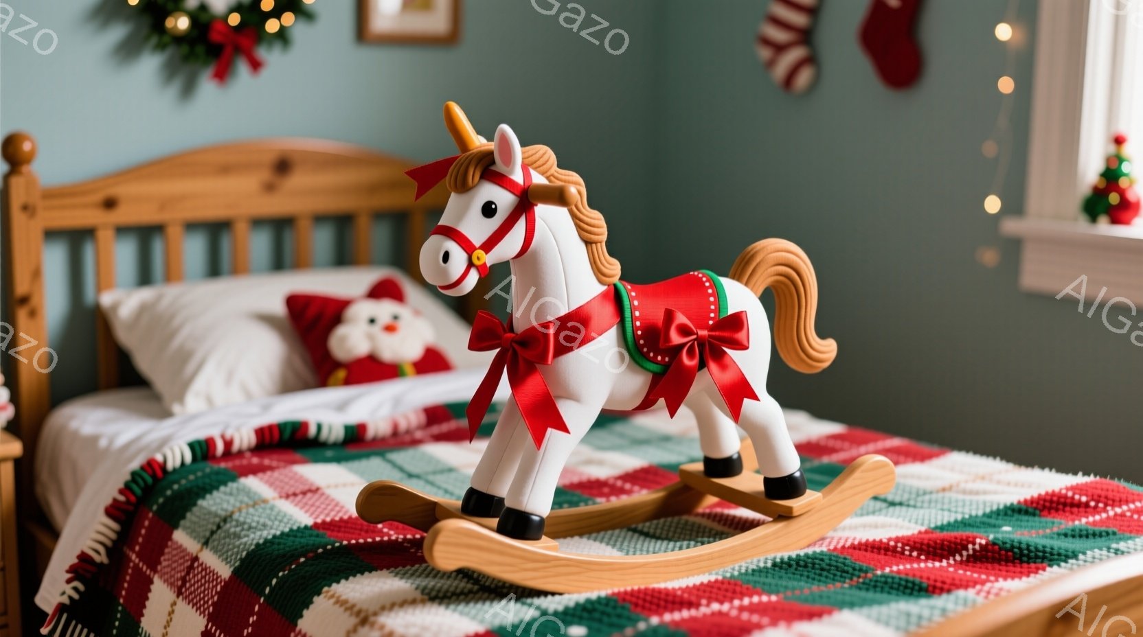 暖炉のある部屋で、白いロッキングホースが赤いチェック柄のベッドカバーの上に置かれています。背景にはクリスマスの装飾、白い枕、そして赤いサンタクロースの飾りが見え、全体的に温かく、お祝いの雰囲気が漂って - AI生成フリー素材