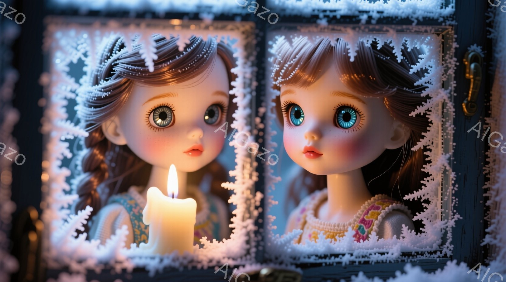 少女は窓枠に囲まれた、暖かく柔らかな光に照らされています。彼女は肩までのカールした茶色の髪、大きな青い目、そしてわずかに微笑んだ表情をしています。背景は暗く、窓の周りには雪の結晶が描かれ、冬の夜の静か - AI生成フリー素材