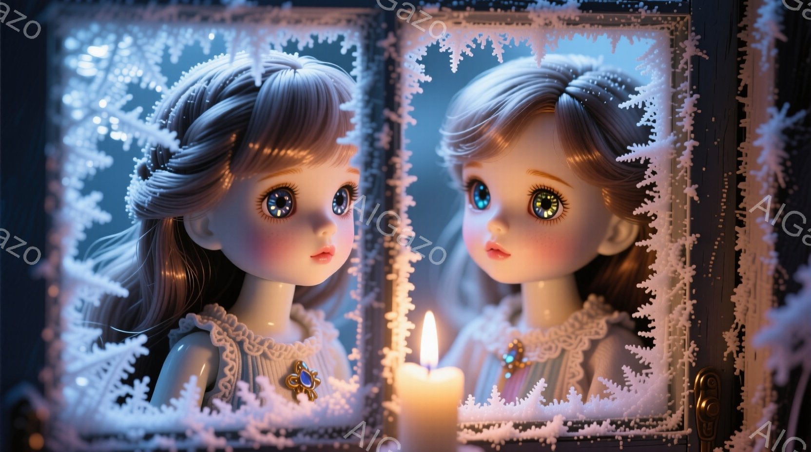 人形のポートレートで、繊細なレースと花飾りが施されたパステルカラーのドレスを身につけています。人形はカールしたブロンドの髪型で、大きな青い瞳は優しく見つめています。背景は霜で覆われた窓枠で、中央には薄 - AI生成フリー素材
