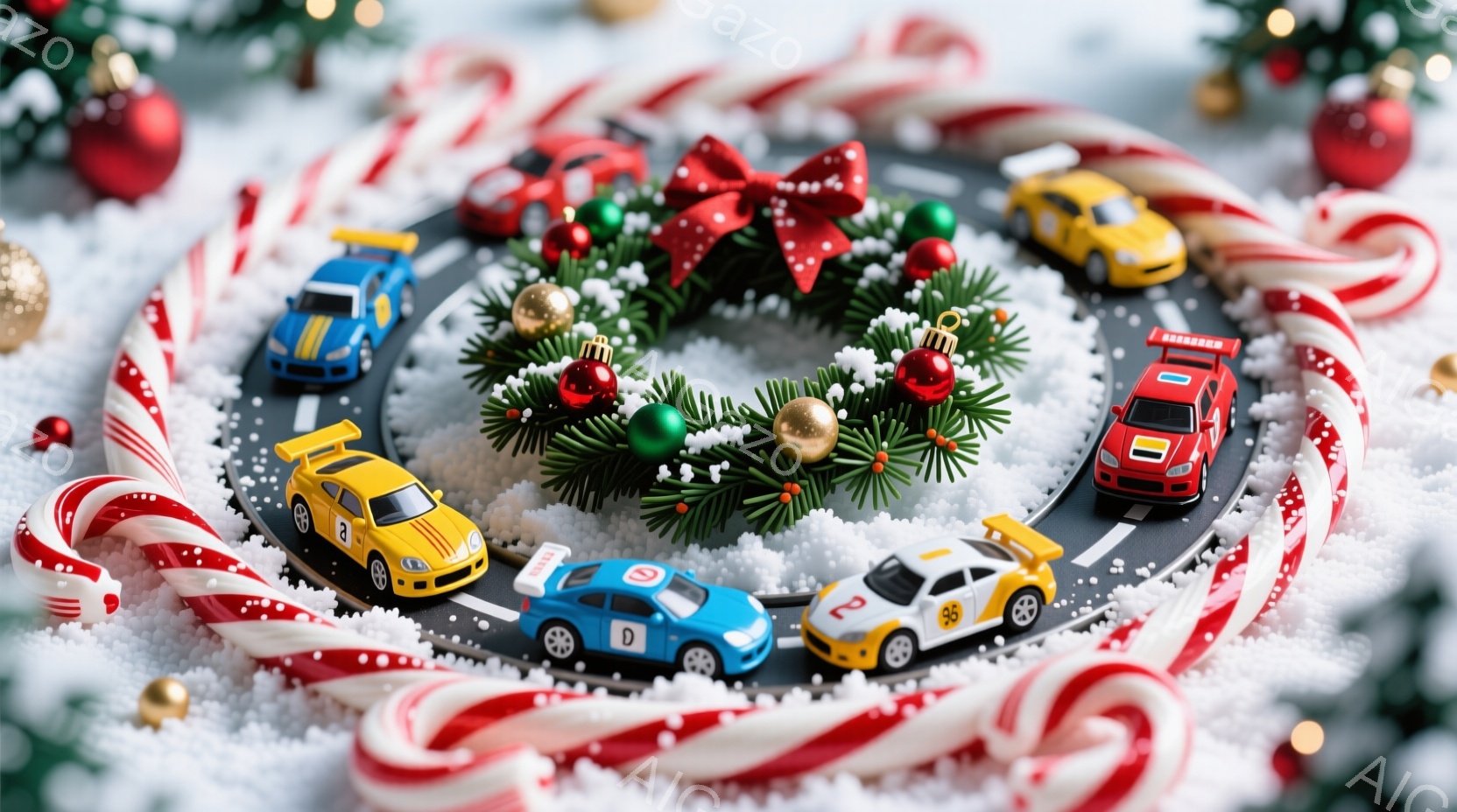 白い雪の上に、キャンディケーンが円形に配置され、その中央にはクリスマスリースが飾られています。レースカーのおもちゃがリースを囲むように配置されており、まるでレース場のような雰囲気です。全体的に華やかで遊び心があり、冬のクリスマスの祝祭を予感させる様子が伺えます。