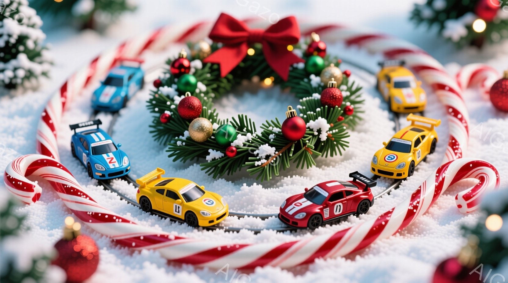 クリスマスをテーマにした写真で、白い雪の上にキャンディケーンが円を描き、中央にはモミのリースが飾られています。リースには赤いオーナメントボールが数個飾られ、その周りを黄色、赤、青のミニカーが走っている様子が描かれています。全体的に温かく、お祝いムードに満ちた雰囲気です。