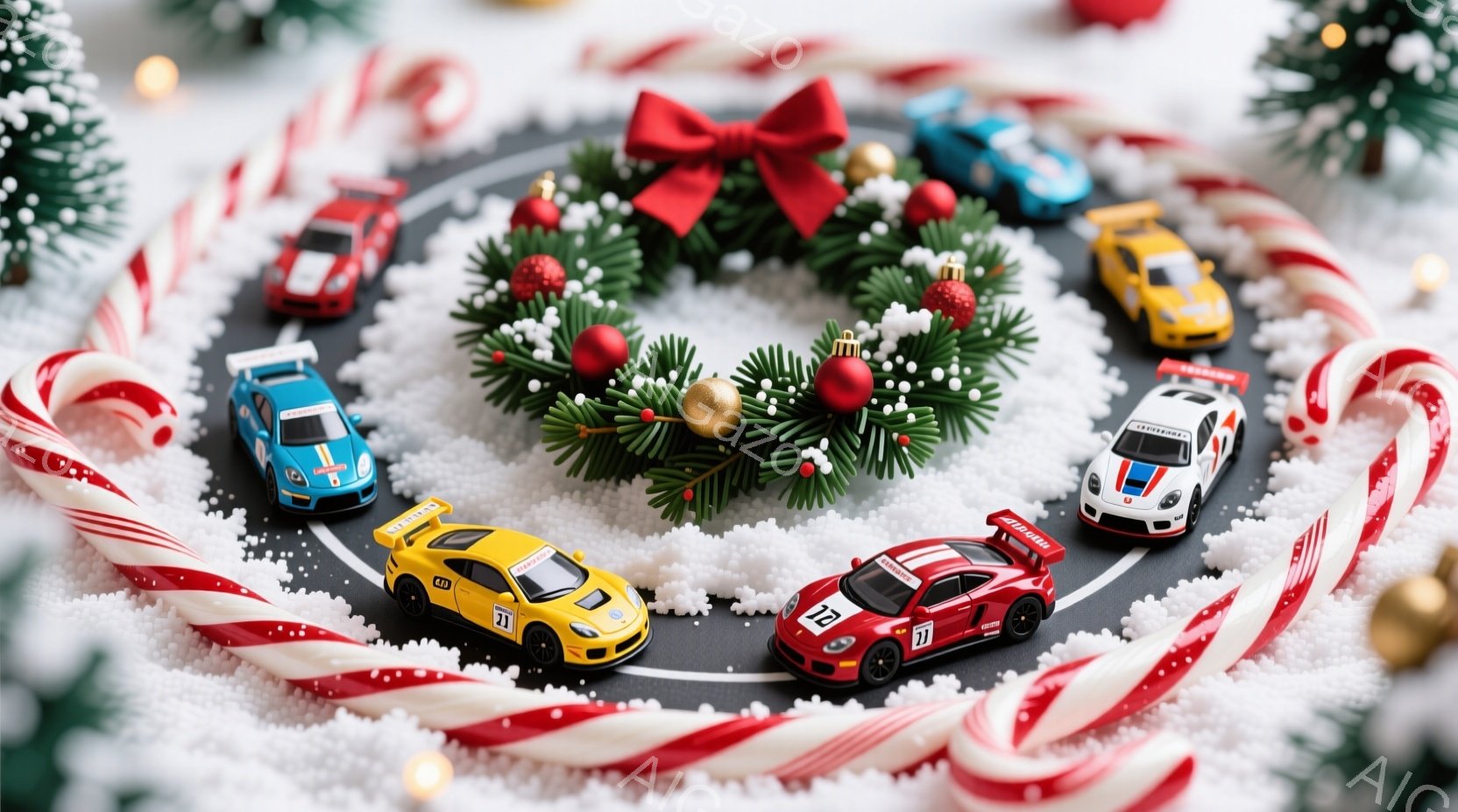 白い雪の上に、キャンディケーンで囲まれたコースにミニカーが並べられています。中央にはクリスマスツリーのリースが飾られ、赤いリボンと金色のオーナメントが輝き、クリスマスの温かく、お祝いの雰囲気を醸し出し - AI生成フリー素材