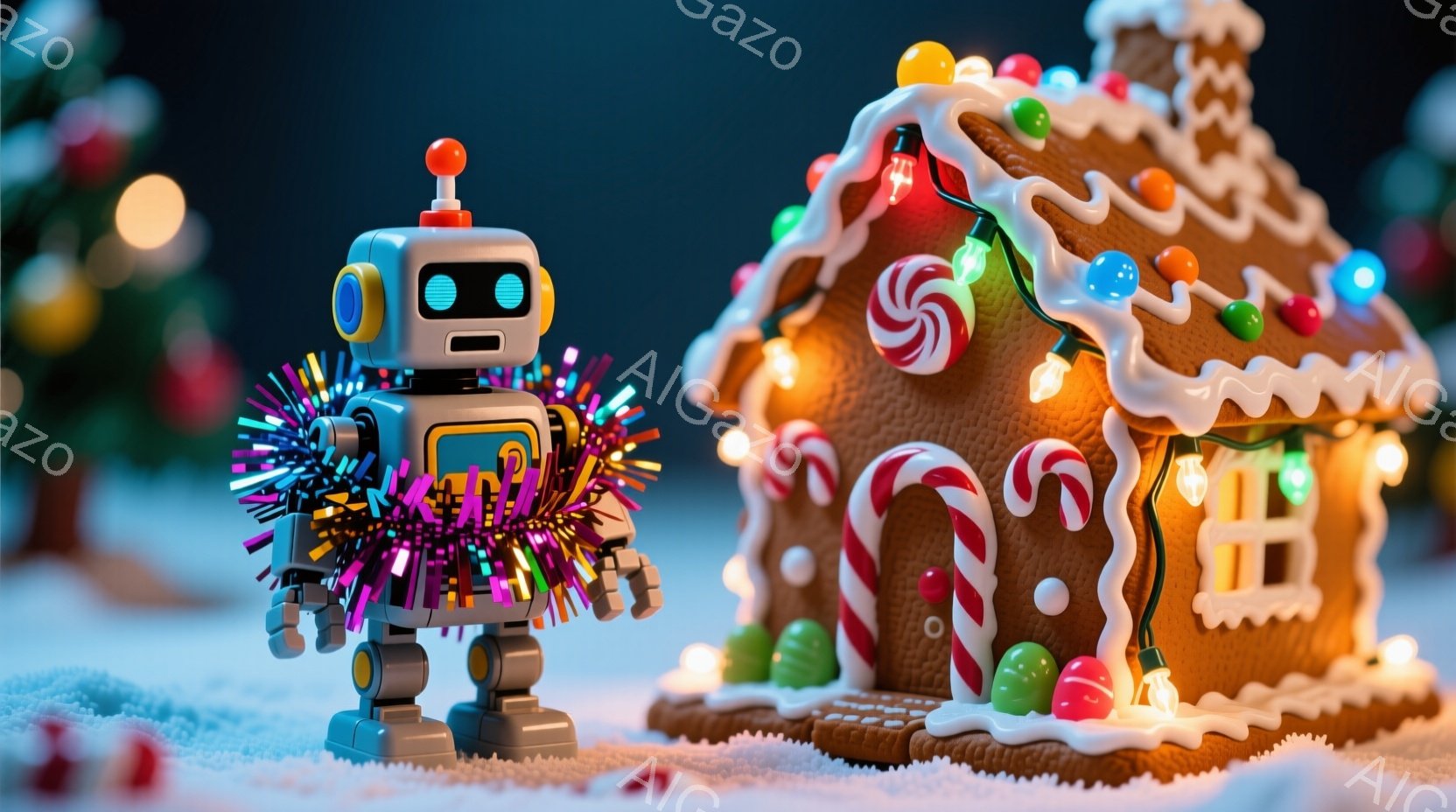 白い雪の上に、ジンジャーブレッドハウスが建っており、カラフルなキャンディケインやクッキーで飾られています。その隣には、カラフルな光る飾りをまとったロボットが立っており、まるでクリスマスツリーのように輝 - AI生成フリー素材