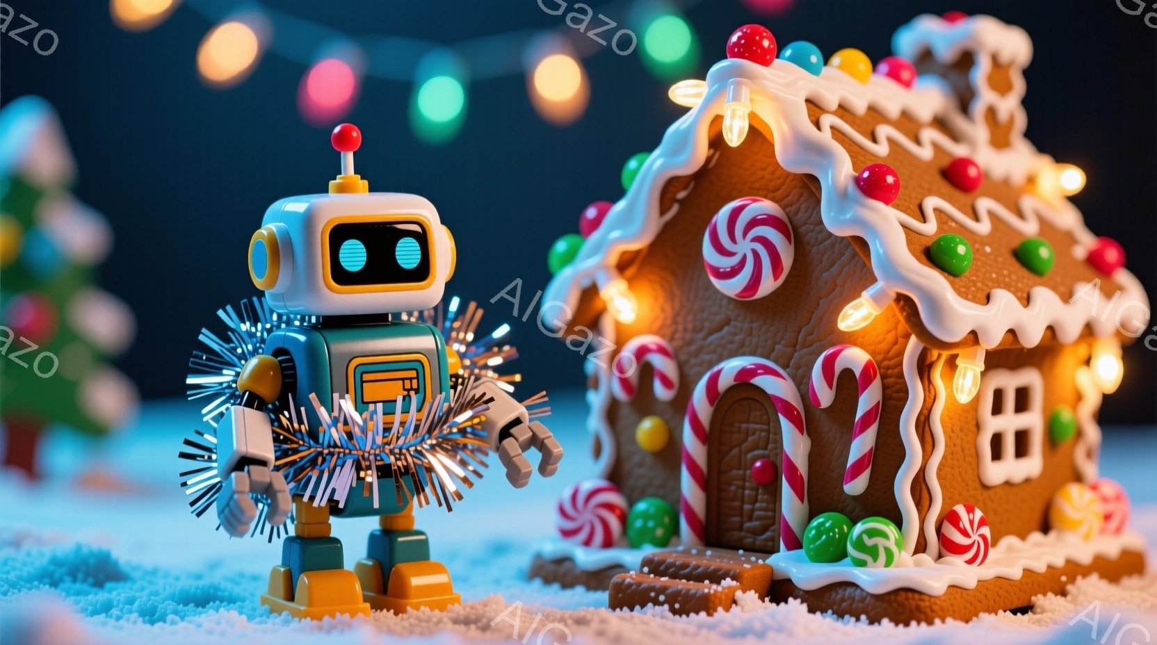 白いロボットが、きらびやかな銀色のポンポンを持って立っており、オレンジ色の足を持っています。背景には、ペパーミントキャンディやカラフルなキャンディで飾られた、可愛らしいジンジャーブレッドハウスがあり、 - AI生成フリー素材