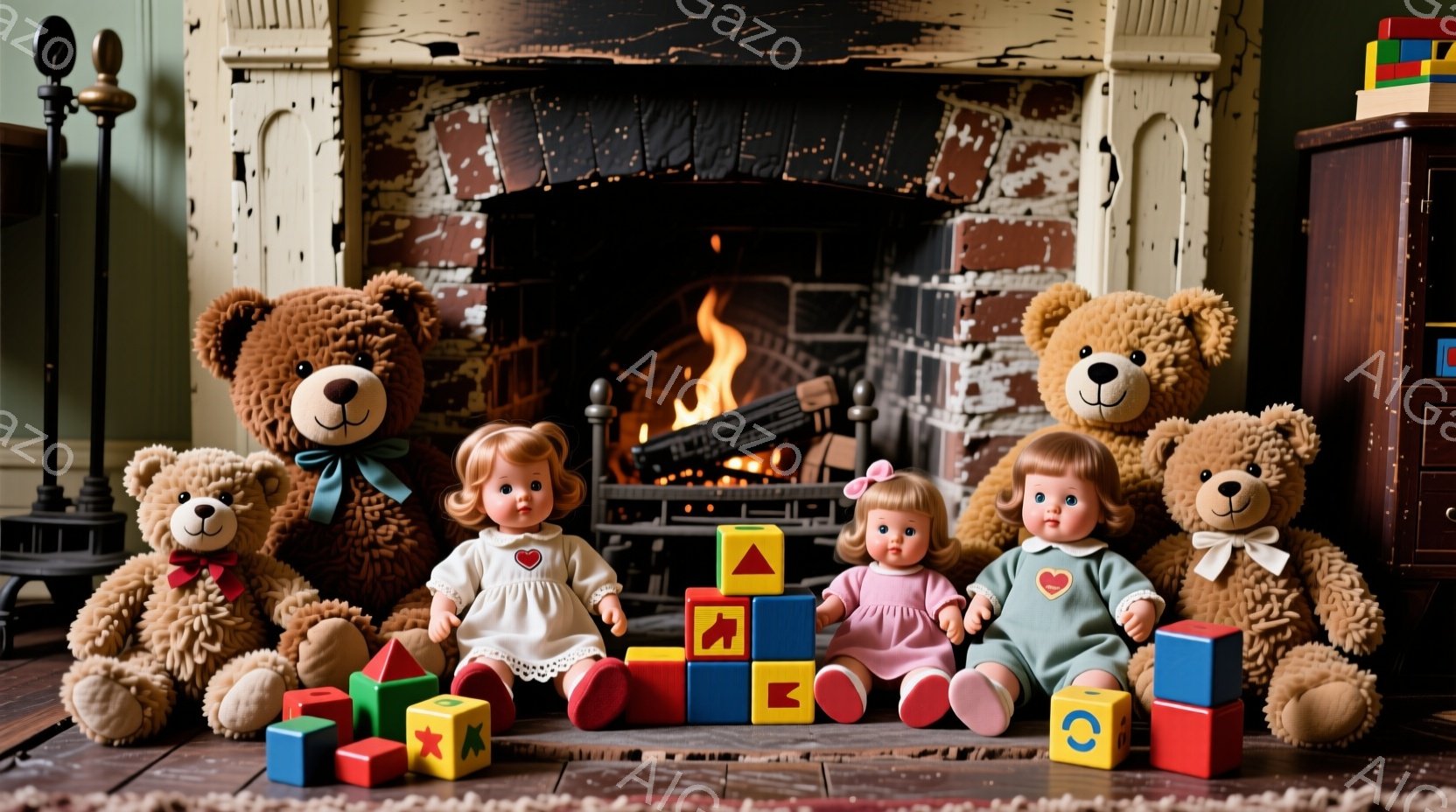 暖炉の前には、2体のテディベアと2体の人形が座っています。人形はそれぞれ白いワンピースを着ており、髪は茶色で、赤いハートの模様が入った服を着ています。暖炉の火が暖かく、部屋全体を照らし、おもちゃの積み木が散らばるレトロな雰囲気の室内です。