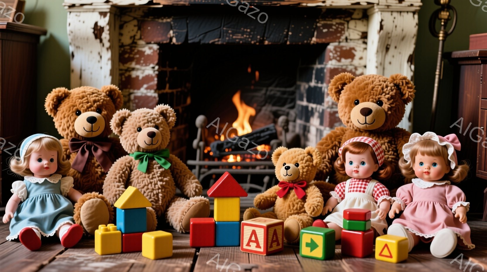 暖炉の前には、可愛らしいテディベアと人形たちが並んでいます。人形たちは赤やピンクの可愛らしいドレスを着ており、金髪の巻き毛が特徴的です。木製のブロックが散らばっており、暖かく、懐かしい雰囲気を感じさせ - AI生成フリー素材