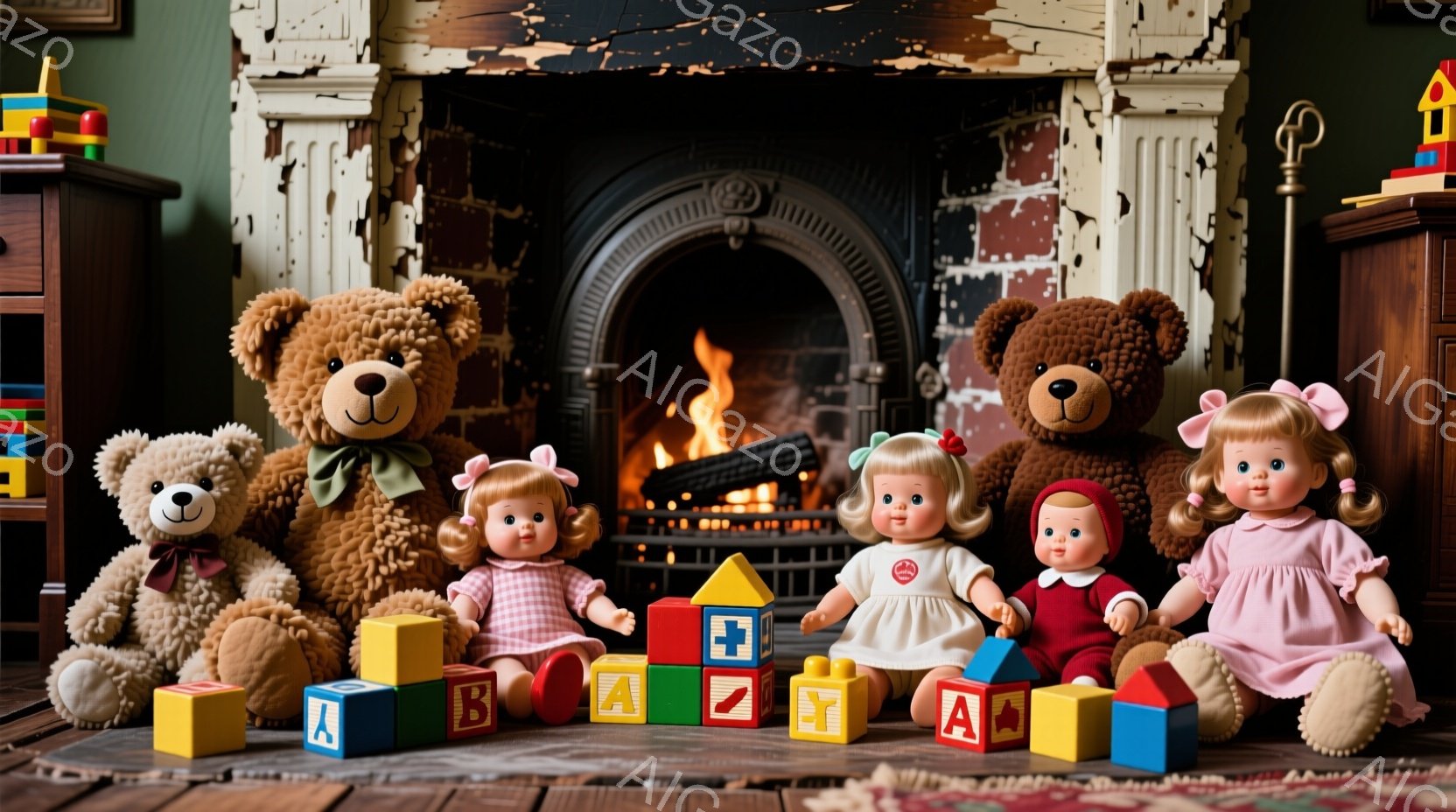 暖炉の前には、可愛らしいテディベアと人形たちが積み木を囲んで座っています。人形たちは赤いワンピースやパステルカラーの服を着ており、金髪の巻き毛が特徴的で、表情は穏やかです。背景には、緑色の壁とアンティ - AI生成フリー素材
