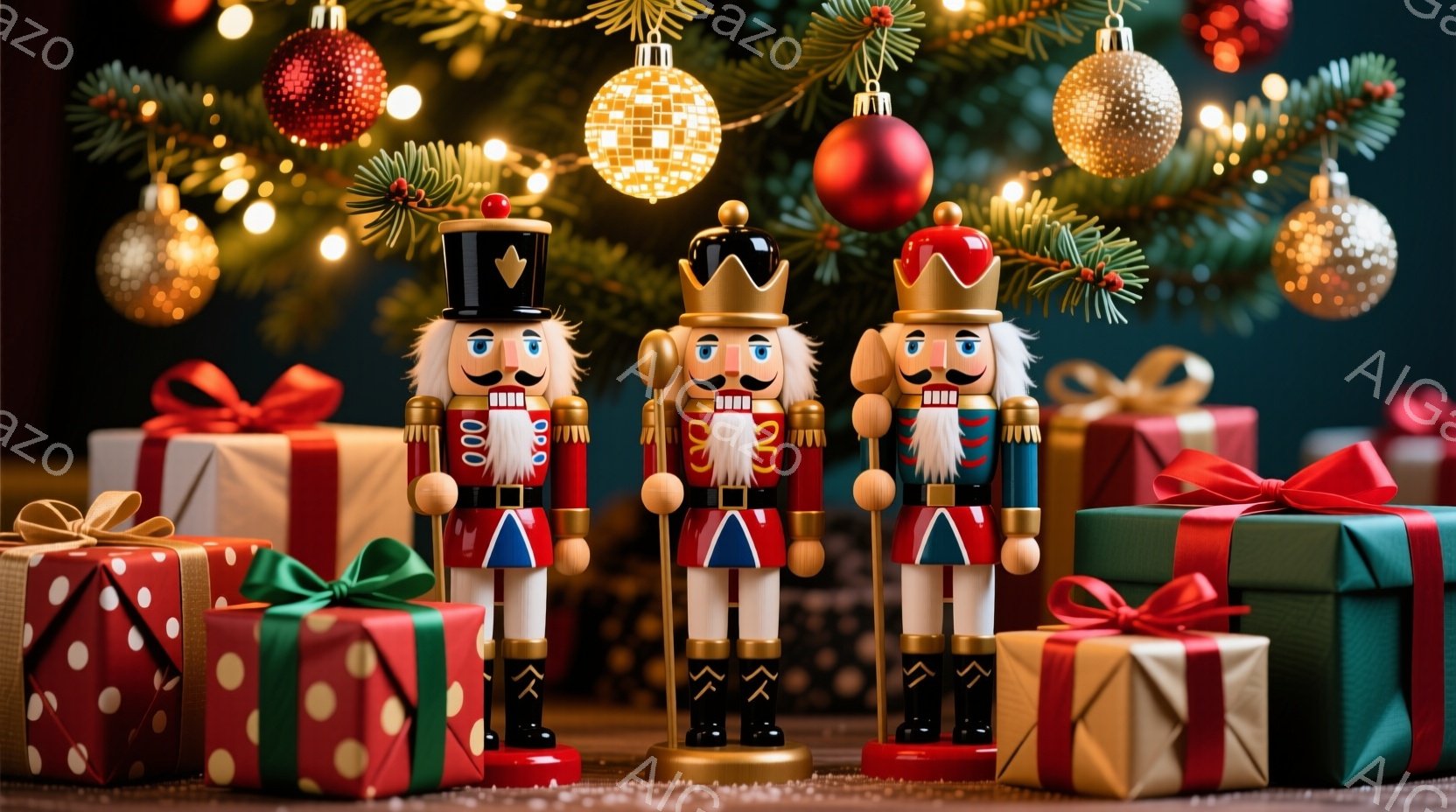 クリスマスツリーの前に、兵隊の姿をした3体の木製人形が整列している。人形たちは赤いジャケット、黒いズボン、白いブーツを着用し、顔は真剣な表情を浮かべている。背景には、赤、金、銀のオーナメントで飾られた - AI生成フリー素材