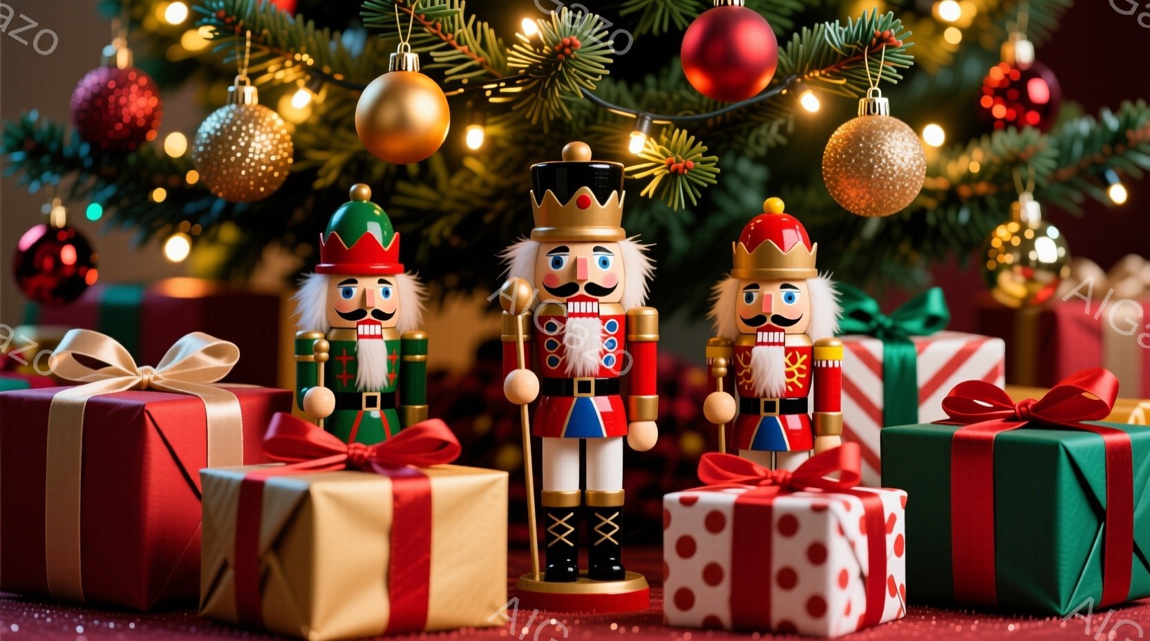 クリスマスツリーの前に、兵隊の形をした木製の人形が三体並んでいます。それぞれ異なる色の制服を着ており、赤い帽子、金色の装飾、そして真剣な表情が特徴的です。背景には、赤や金のオーナメントが飾られたクリス - AI生成フリー素材