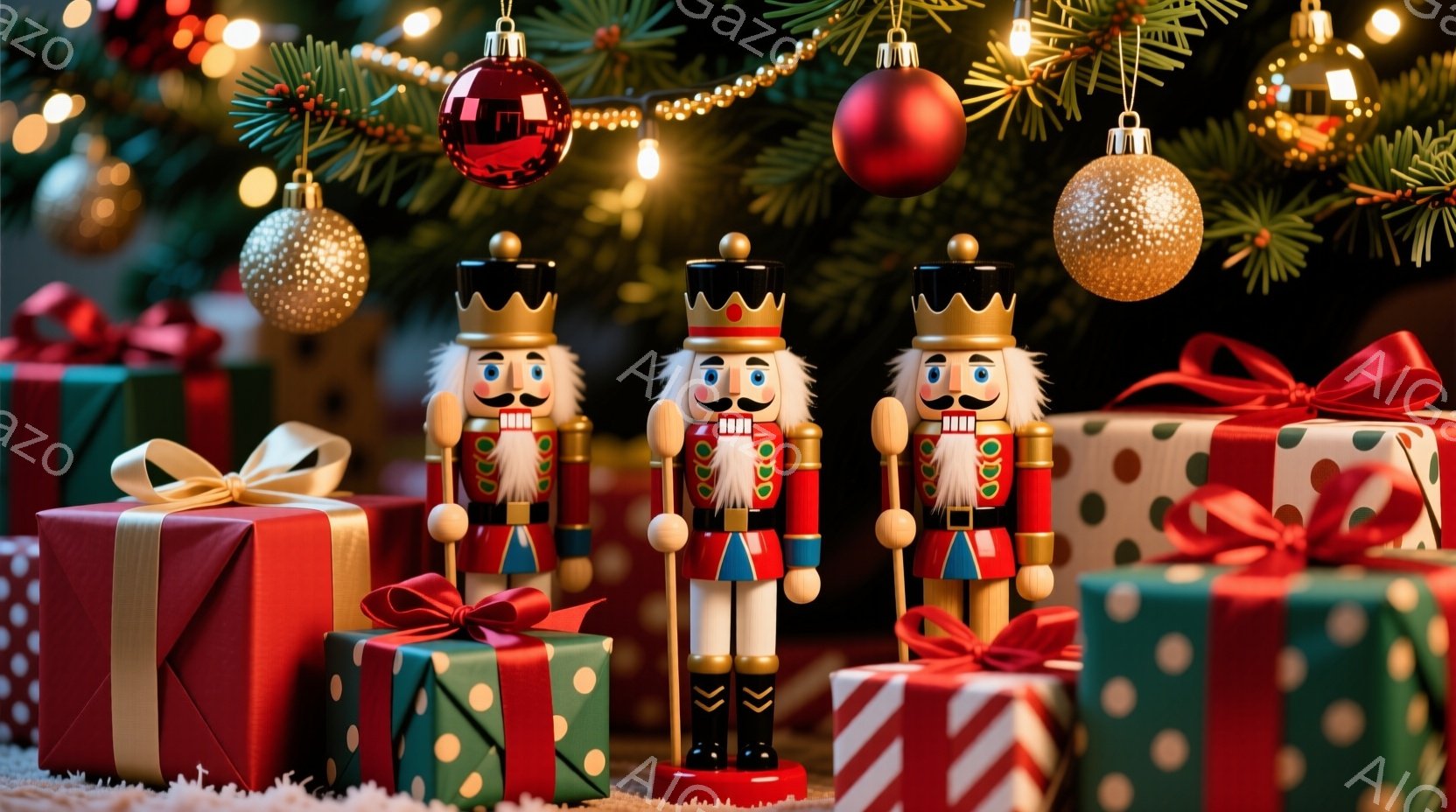 クリスマスツリーの前に、兵隊の形をした木製の人形が3体並んでいます。赤いジャケット、白いズボン、黒いブーツを着用し、口ひげと凛々しい表情をしています。背景には、赤い水玉模様や緑色のドット柄のプレゼントボックスが積み重ねられ、クリスマスらしい華やかな雰囲気を醸し出しています。