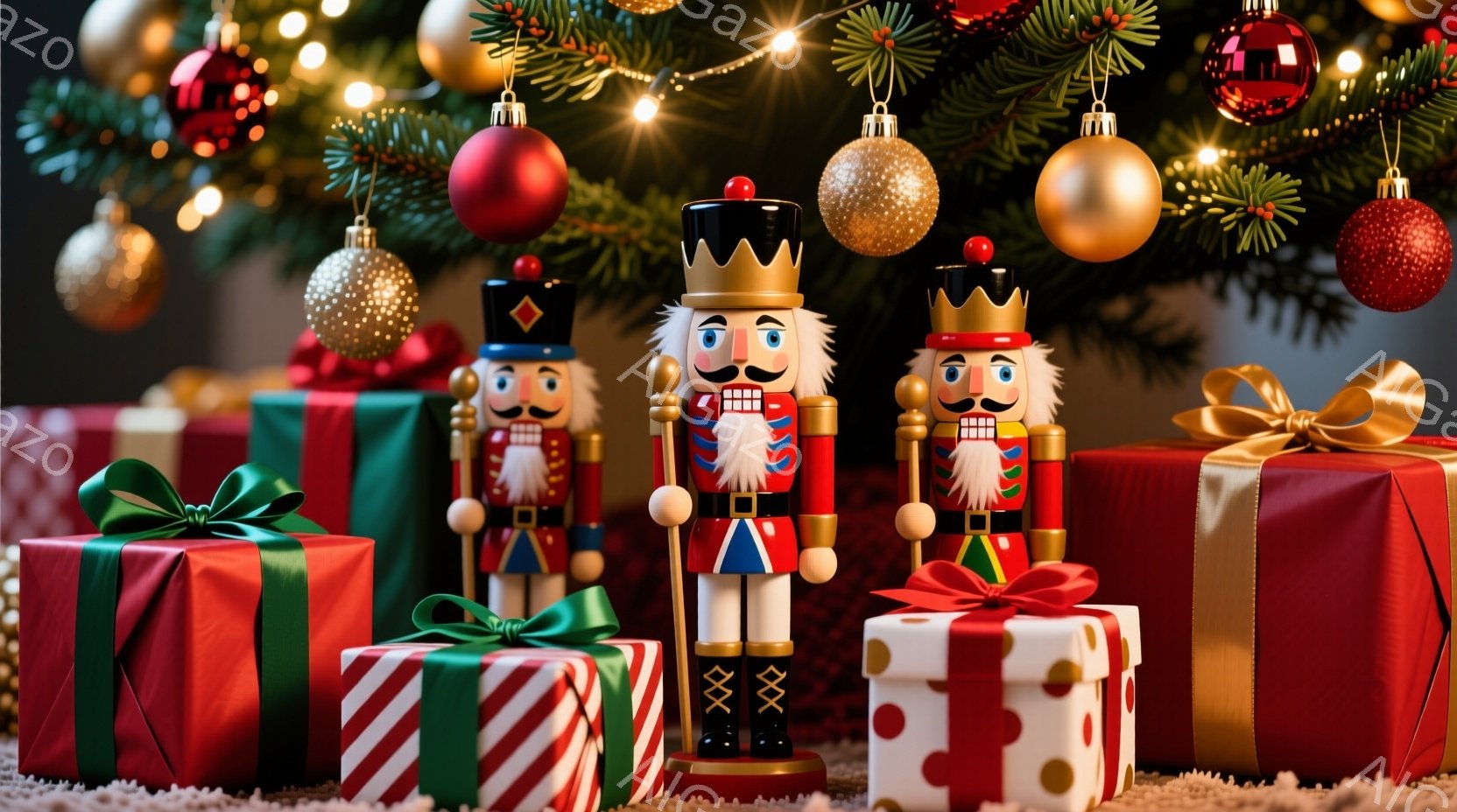 クリスマスツリーの足元に配置された、木製の兵隊人形が2体写っています。人形たちは赤いジャケット、黒いブーツ、そして白いズボンを着用し、厳格な表情をしています。背景には、赤、緑、白のリボンで飾られたプレ - AI生成フリー素材