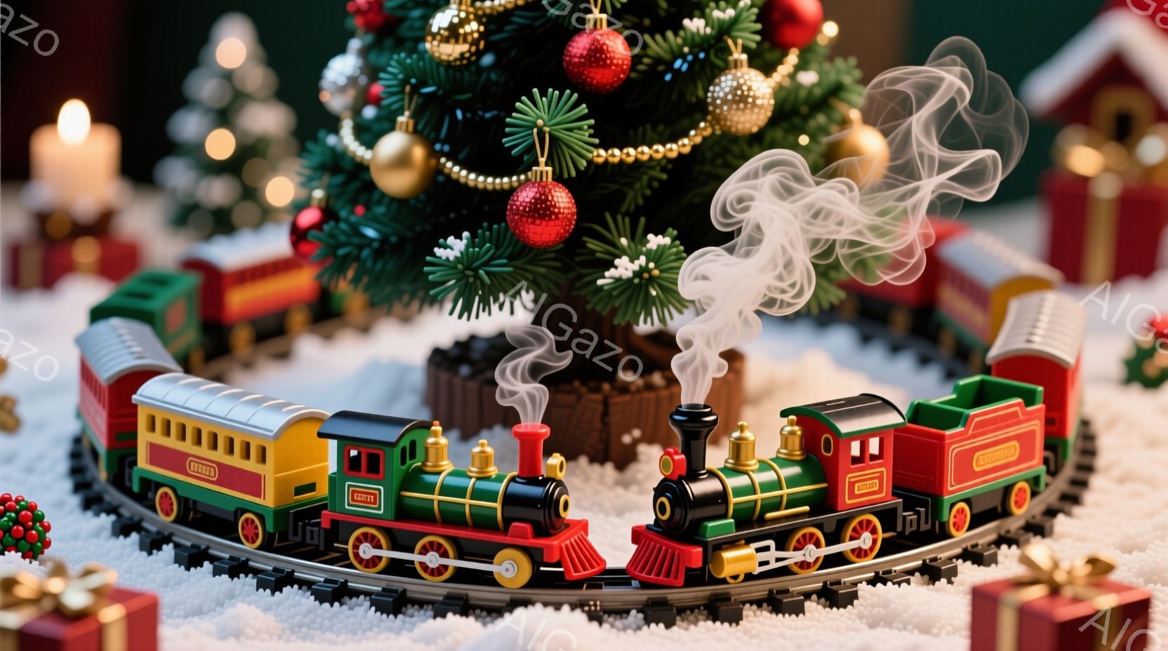 クリスマスツリーを背景に、赤い、緑、そして黄色の列車が雪の敷かれた線路の上を走っている様子が描かれています。列車は蒸気を上げながら、クリスマスプレゼントの箱や装飾で飾られた暖かい雰囲気の中で、祝祭の光 - AI生成フリー素材