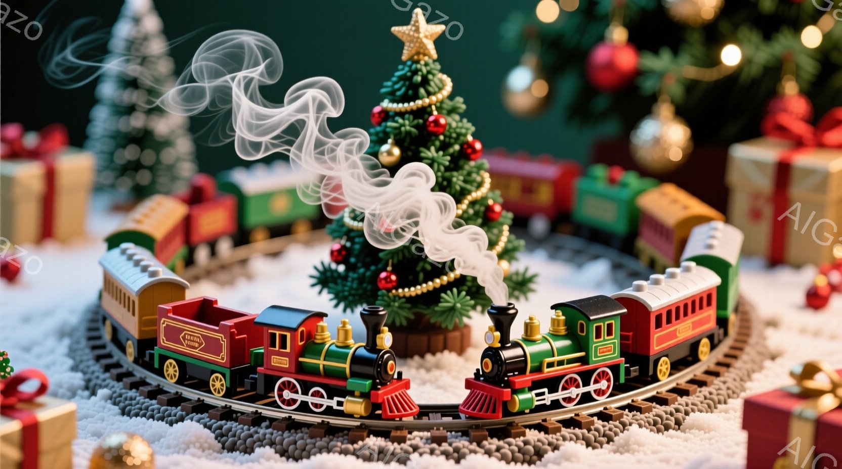 鮮やかな緑と赤色の列車が、雪の上に敷かれた線路を走っています。背景にはクリスマスツリーが飾られ、周囲には色とりどりのプレゼントが置かれ、お祝いの雰囲気が漂っています。煙突から立ち上る煙が、列車の動きを - AI生成フリー素材