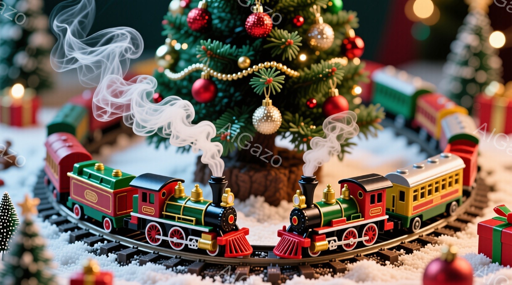 クリスマスツリーを背景に、ミニチュアの鉄道が雪景色の中に設置されています。緑と赤色の列車は蒸気を上げながら、プレゼントの箱や雪の積もった地形の上を走っているようです。暖かく、お祝いの雰囲気が漂い、クリ - AI生成フリー素材