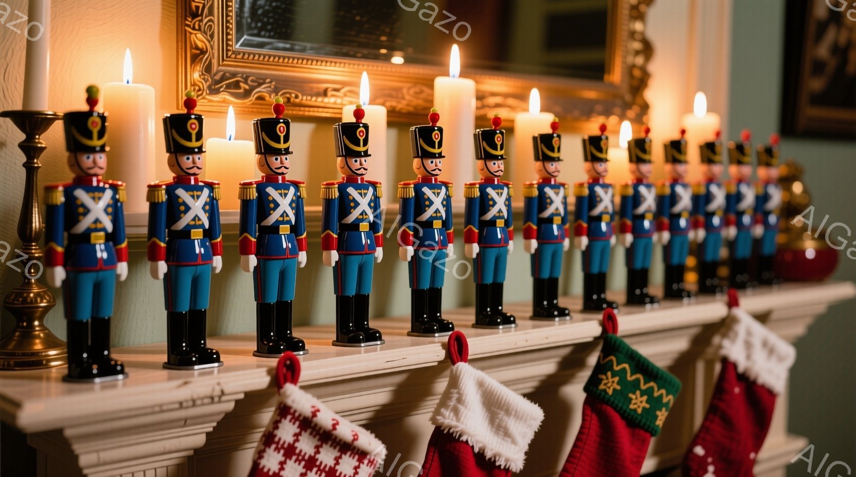 まっすぐに並んだ兵隊のおもちゃが、暖炉の棚の上に整然と並べられています。おもちゃたちは赤い制服に黒いブーツ、そして特徴的なひげを生やした姿で、厳粛な雰囲気を醸し出しています。背景には金色のフレームの鏡、点在するキャンドル、そしてクリスマスらしい赤い靴下が見え、冬の暖かく穏やかな祝祭の雰囲気を伝えています。