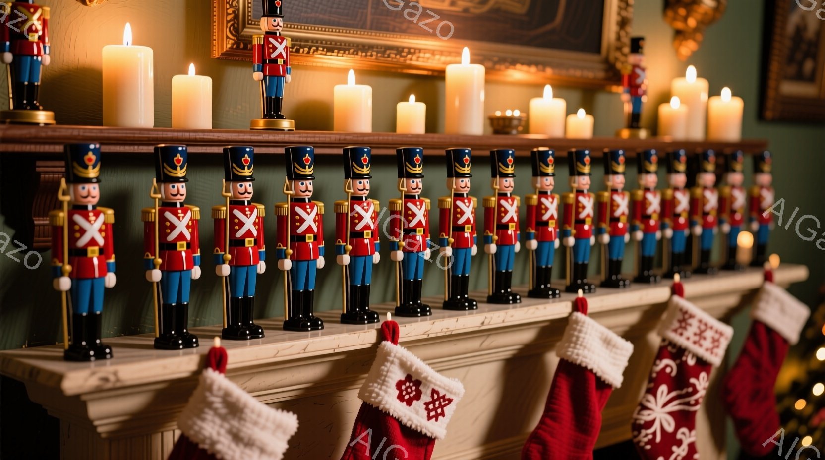 マントルピースの上に、カラフルな兵隊のおもちゃが整然と並べられています。赤いジャケット、黒いブーツ、そして特徴的な帽子をかぶった兵隊たちは、クリスマスの装飾の一部として並べられており、暖炉の前に飾られた赤いクリスマスストッキングと白いキャンドルが、温かい家庭的な雰囲気を醸し出しています。背景には、暗緑色の壁と、豪華なフレームに入った絵画が見え、全体として、伝統的なクリスマスの風景が描かれています。