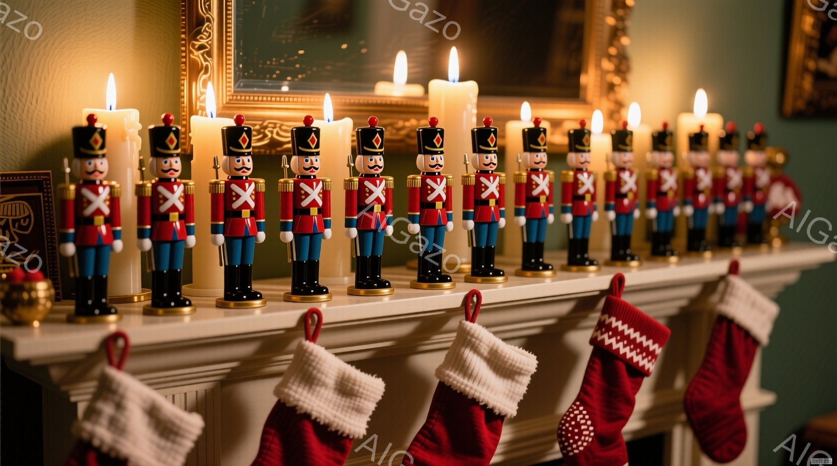暖炉の上に、木製の兵隊人形が整然と並べられ、それぞれの頭には黒い帽子と赤い羽飾りがついています。人形たちは赤いジャケット、金色のズボン、黒いブーツを身につけており、その下にはクリスマスの赤い靴下が掛かっています。背景には金色のフレームに入った絵画があり、暖炉の上でキャンドルが灯り、全体的に温かく、クリスマスの雰囲気を醸し出しています。