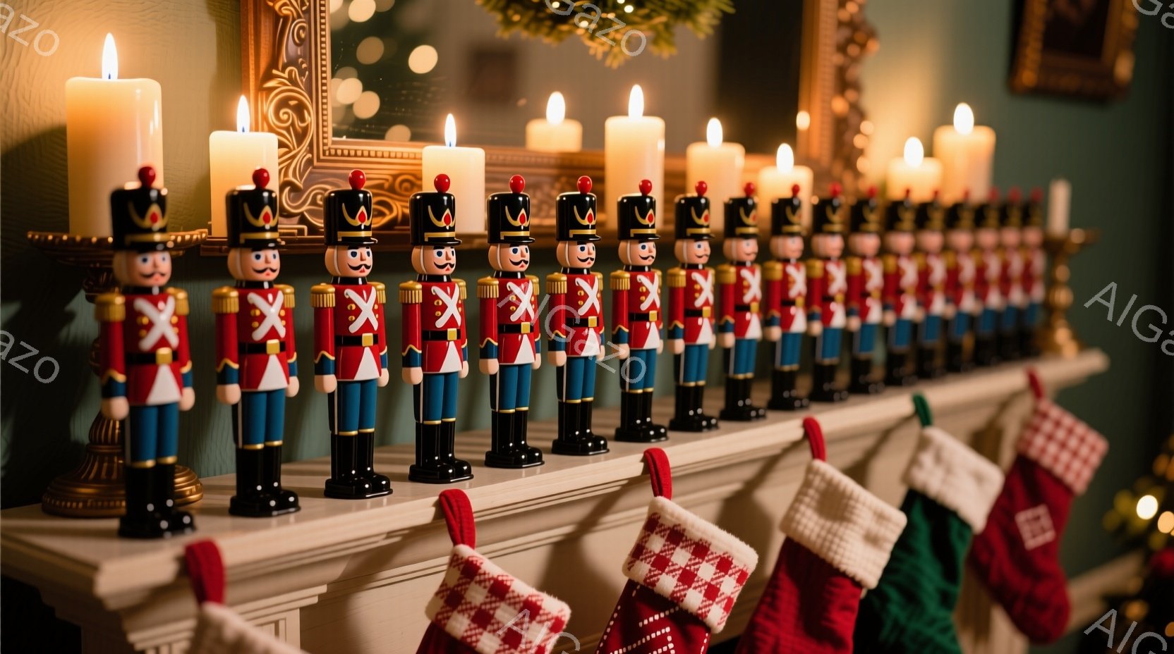 暖炉の棚に一列に並んだ木製の兵隊人形が印象的な写真です。兵隊人形は赤いジャケット、金色の装飾、黒いブーツを身につけ、整然と立っています。背景には、クリスマスソックスと輝くキャンドルが暖かく、お祝いの雰 - AI生成フリー素材