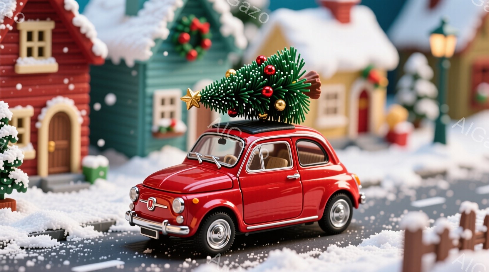 赤い小型車が雪道に走っており、屋根にはクリスマスツリーが固定されています。背景には、雪景色の中に可愛らしい建物が並び、クリスマスの飾り付けが施されています。全体的に暖かく、祝祭的な雰囲気が漂う、ミニチュアのクリスマスの情景です。