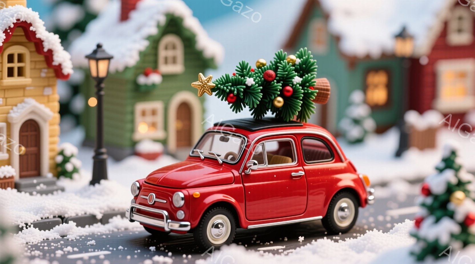 真っ赤なクラシックカーが雪の積もった道を進んでいます。車の上にはクリスマスツリーが載せられ、装飾が施されています。背景には可愛らしい家々が並び、雪景色が広がり、暖かく幻想的なクリスマスの雰囲気を醸し出しています。